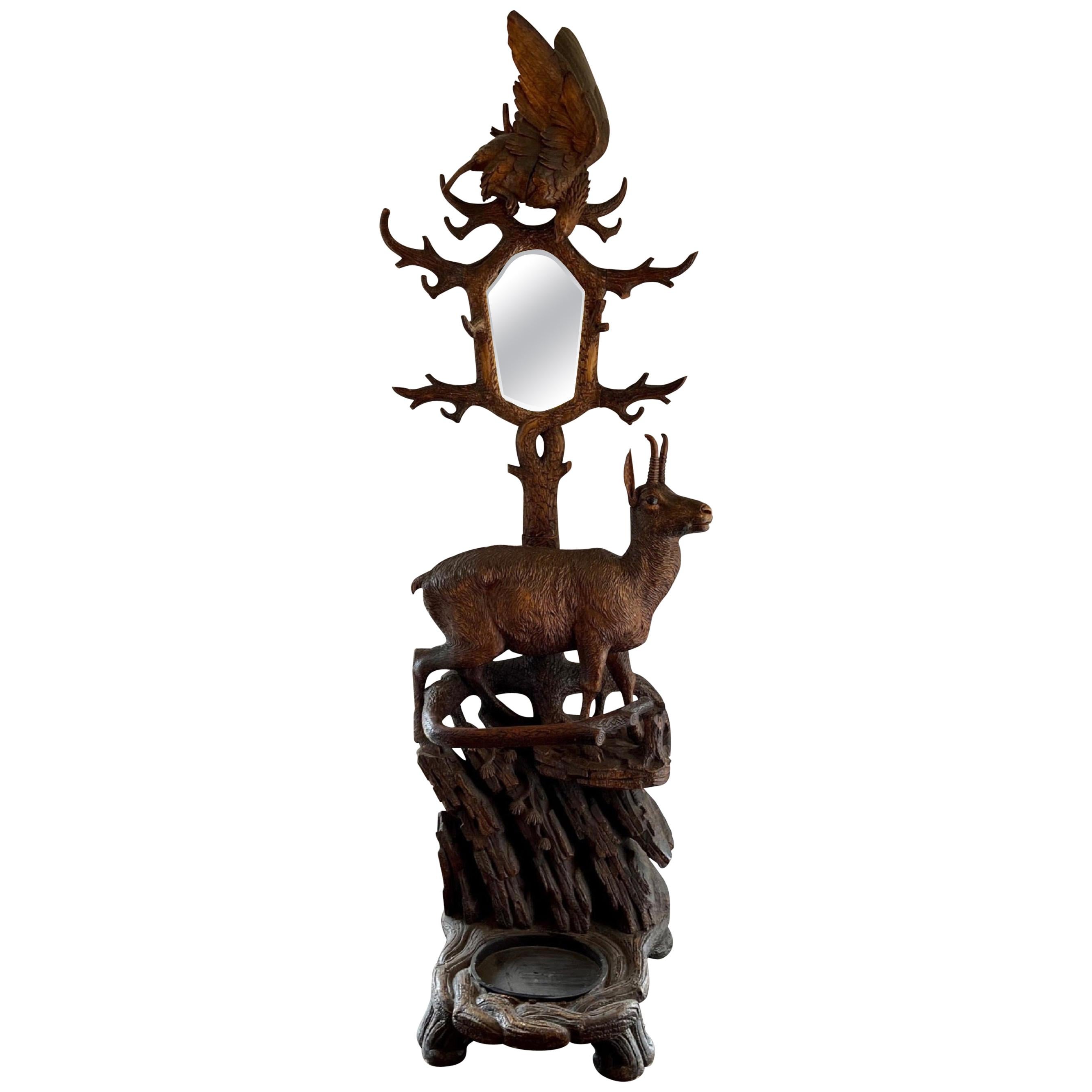 19th Century German Carved Walnut Black Forest Hall Tree For Sale