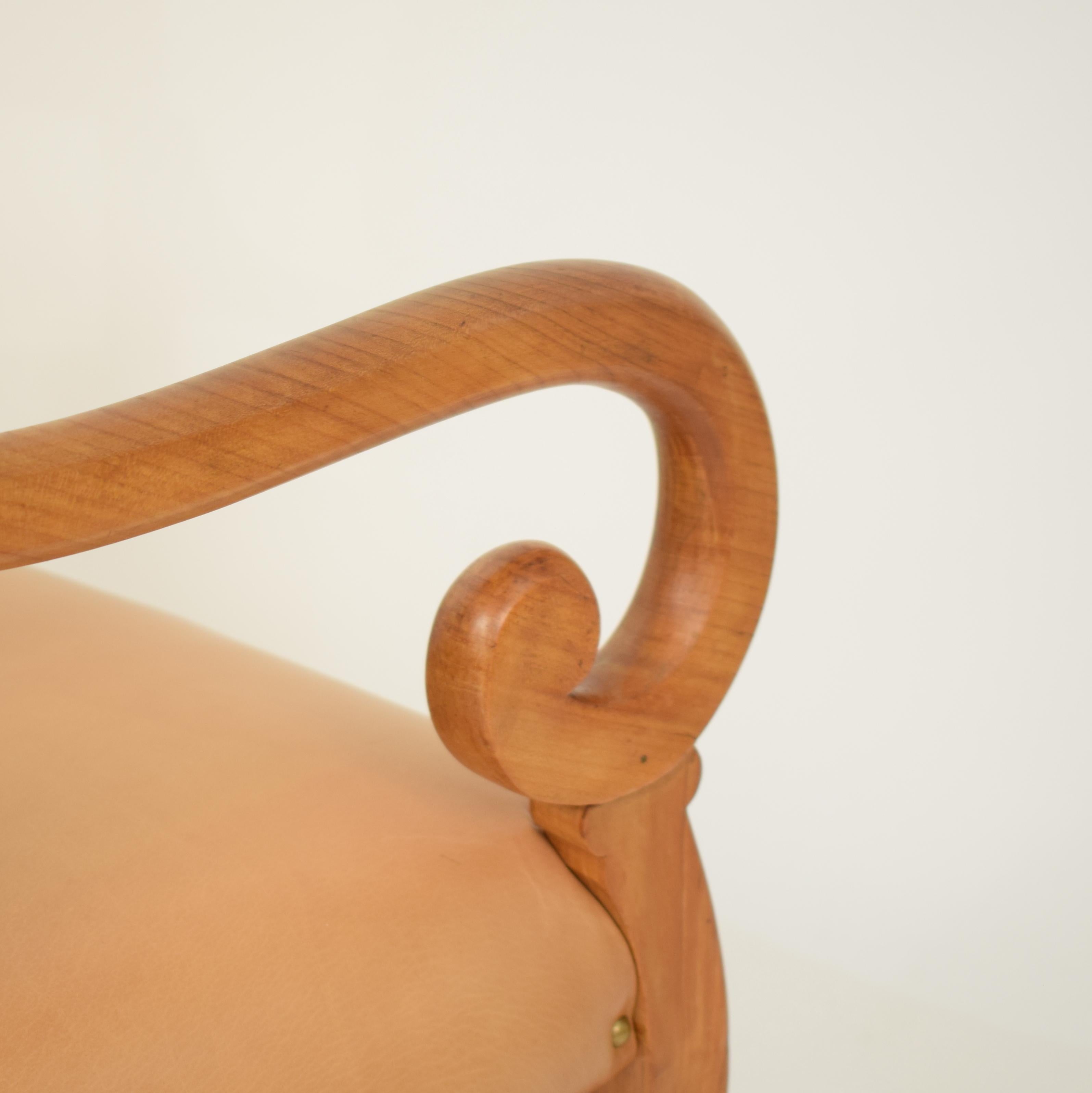 19th Century German Cherrywood Biedermeier Armchair with Brown Leather Seat For Sale 11