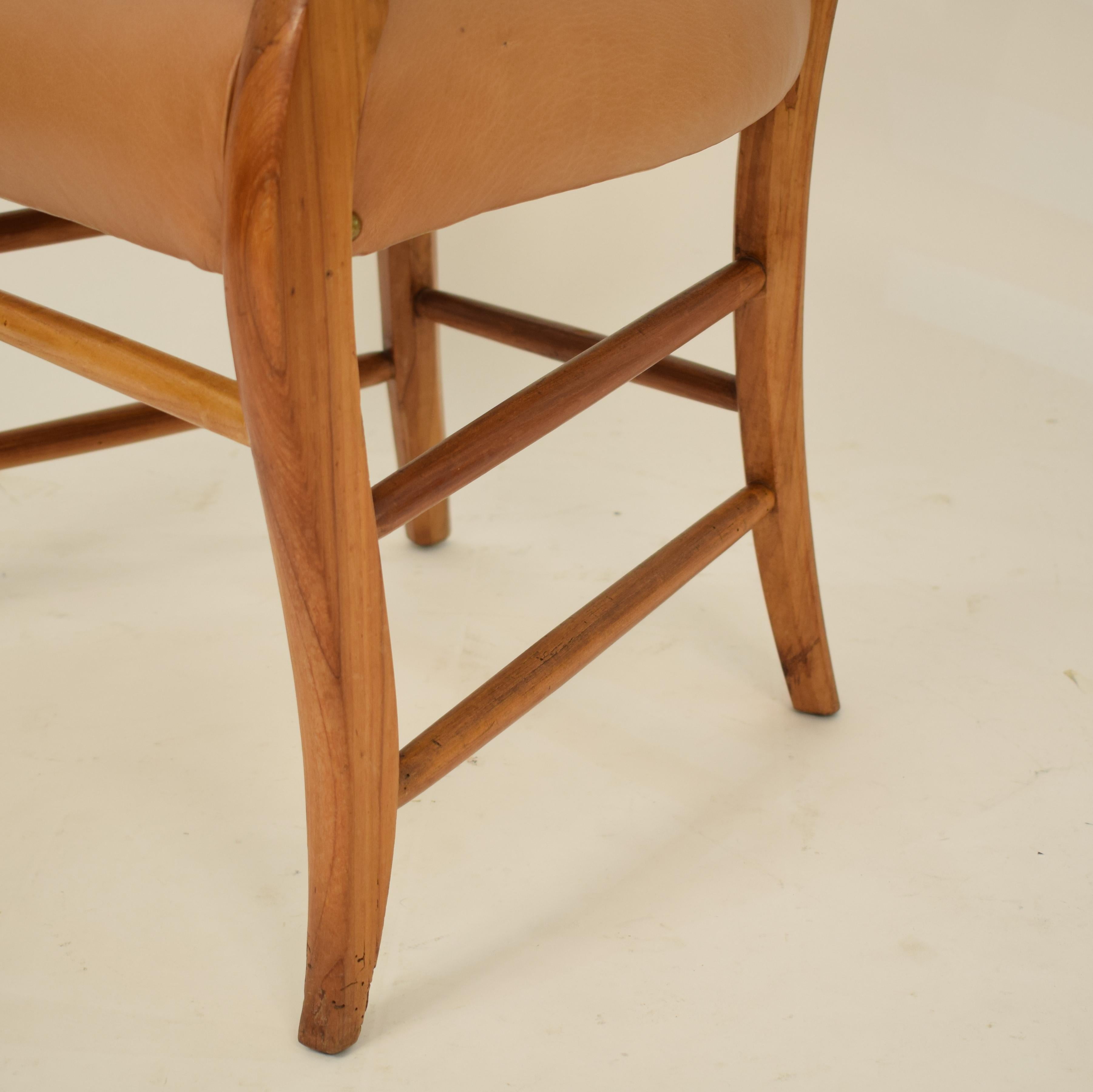 19th Century German Cherrywood Biedermeier Armchair with Brown Leather Seat For Sale 5