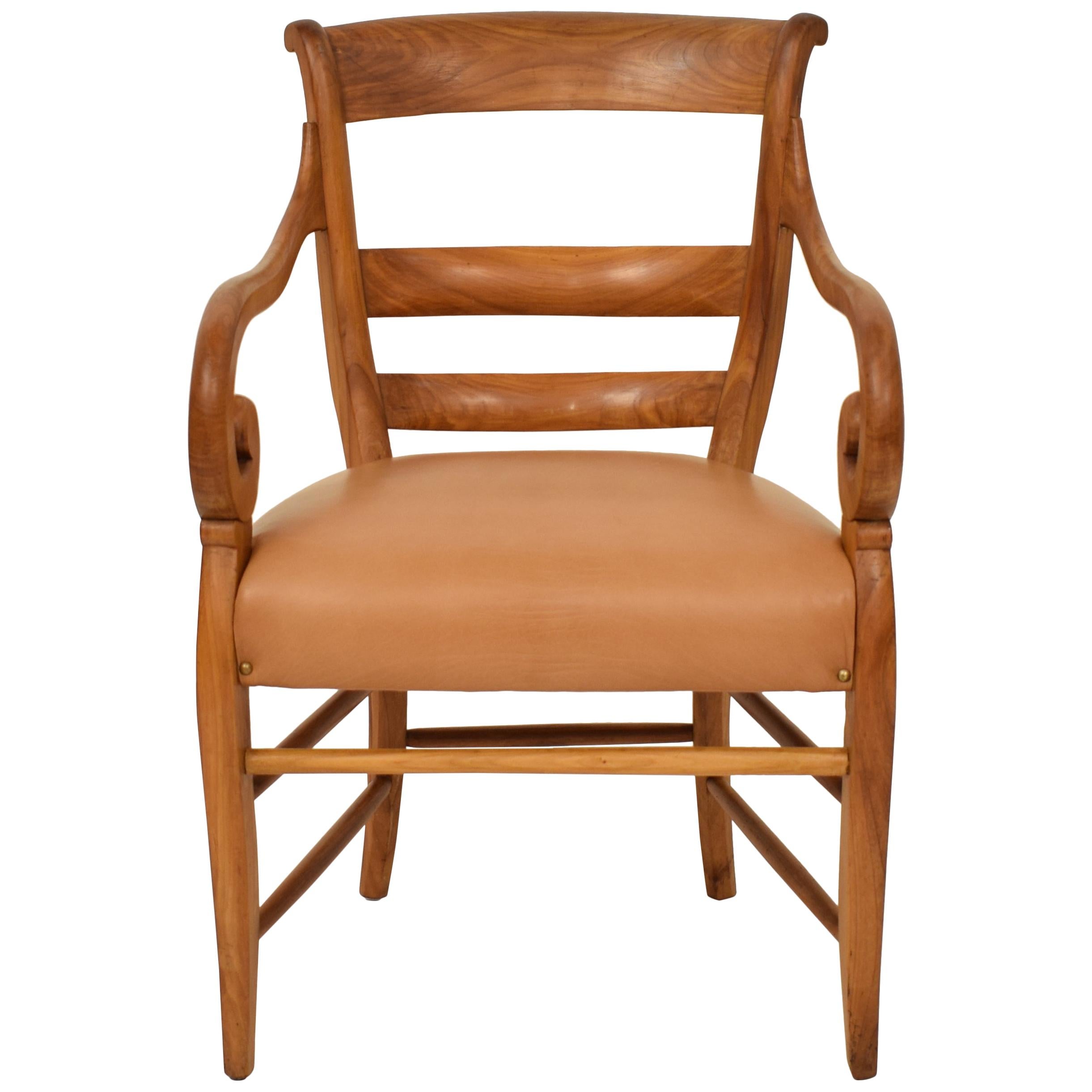 19th Century German Cherrywood Biedermeier Armchair with Brown Leather Seat For Sale