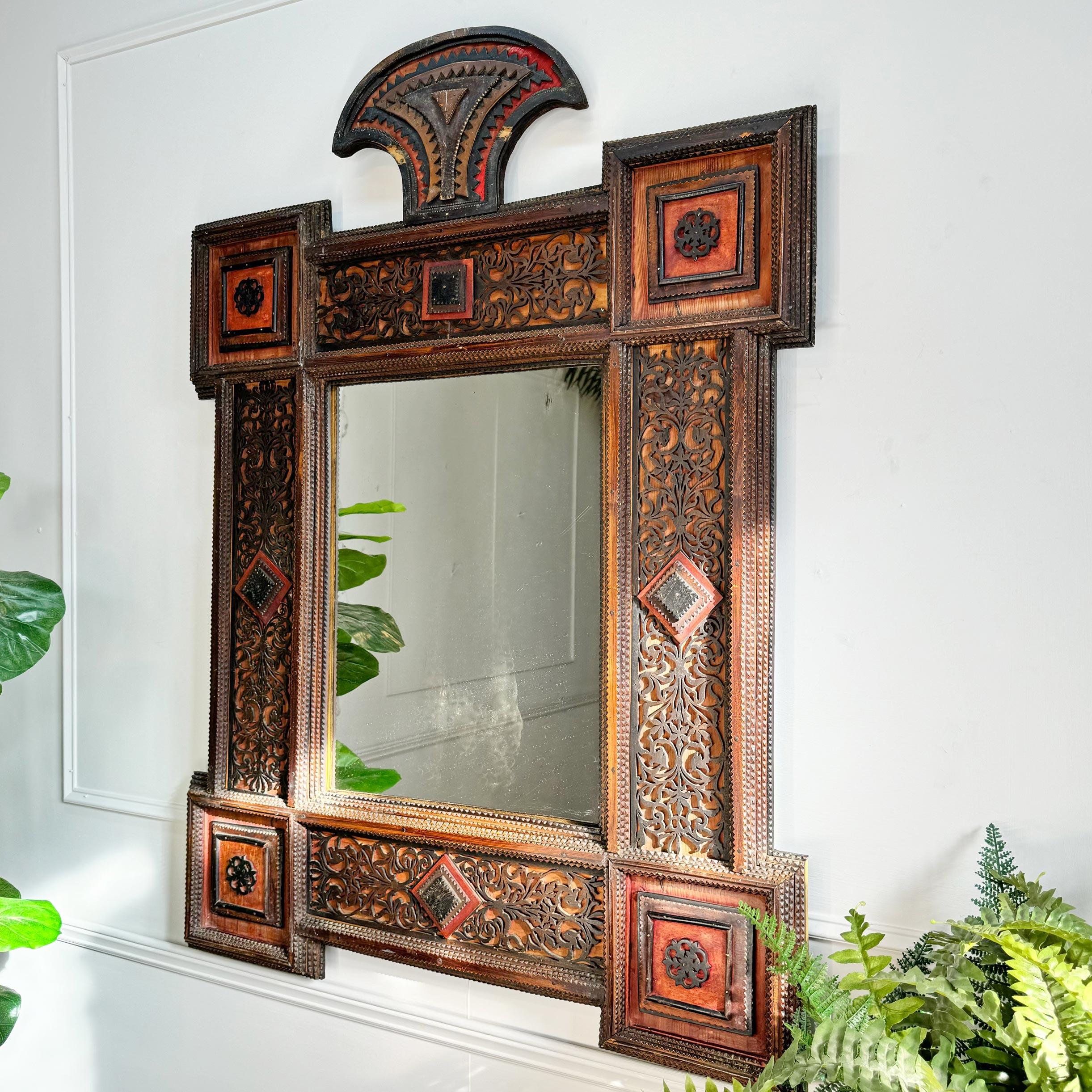 19th Century German Crested Tramp Art Mirror with Fretwork Detailing For Sale 5