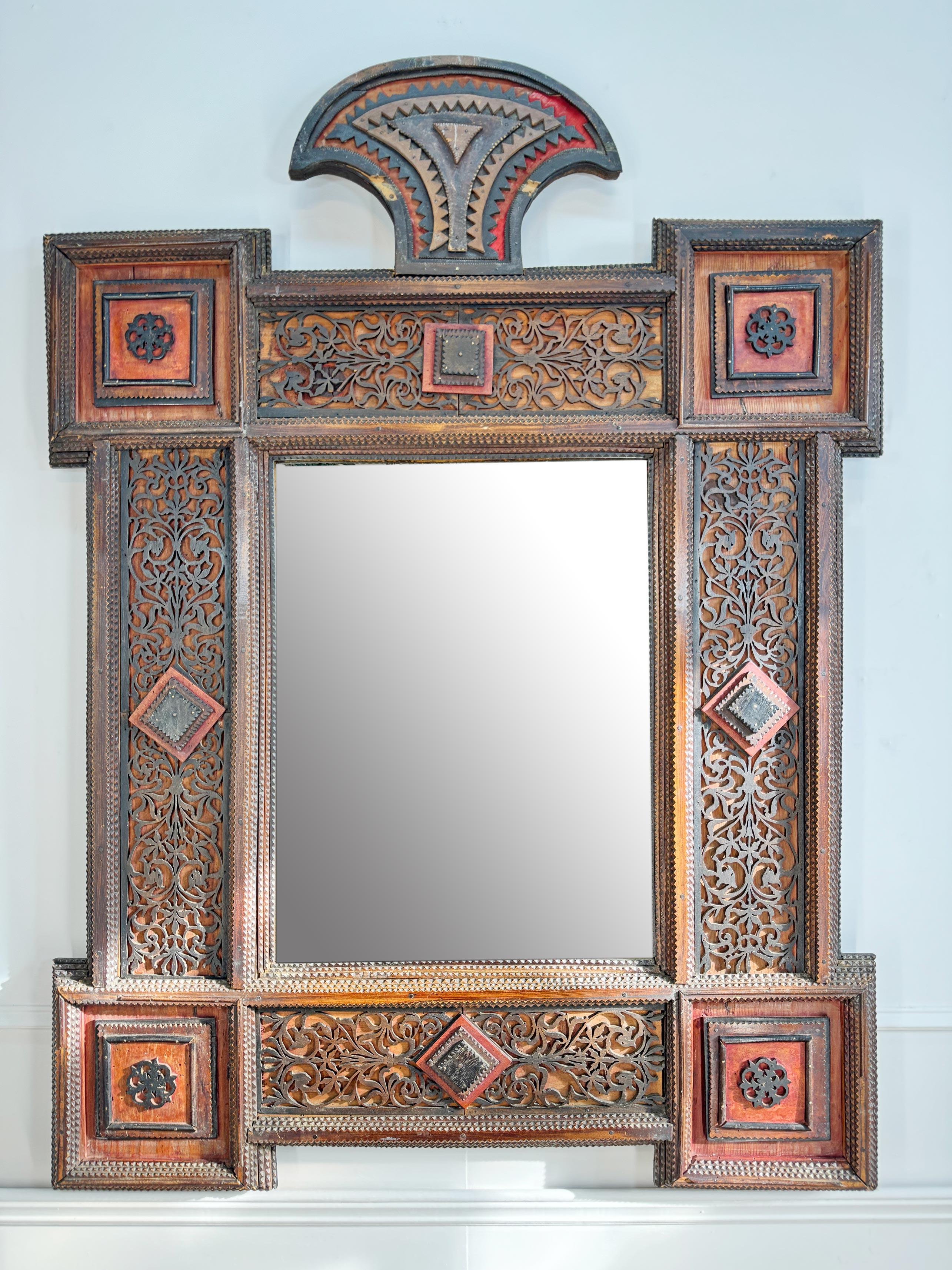19th Century German Crested Tramp Art Mirror with Fretwork Detailing For Sale 7