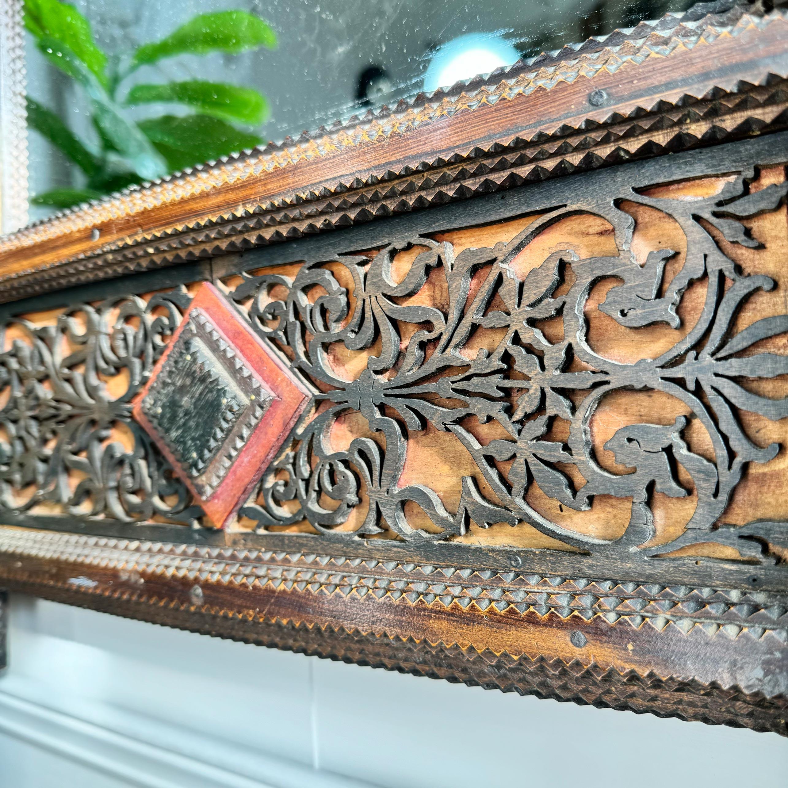 Boxwood 19th Century German Crested Tramp Art Mirror with Fretwork Detailing For Sale