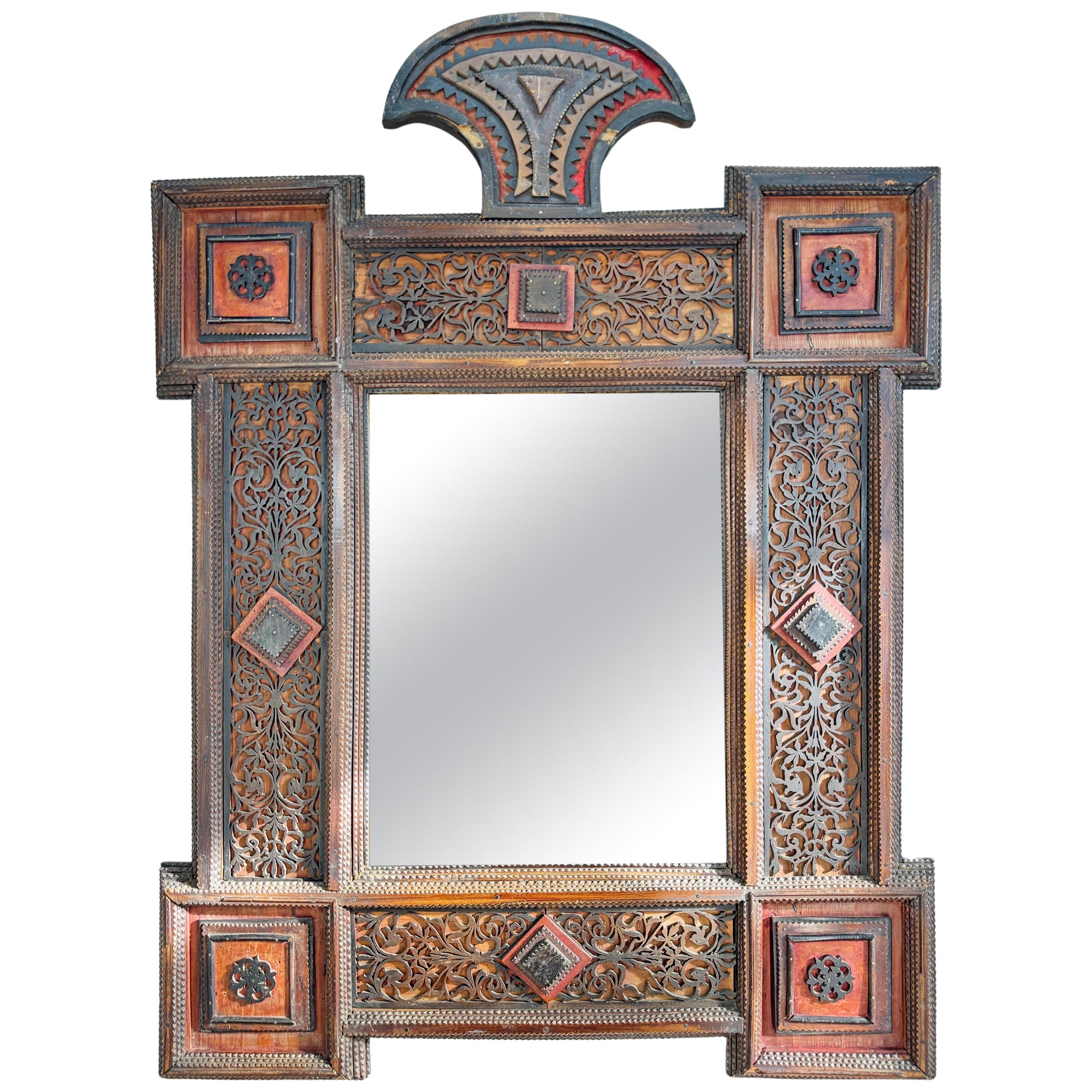 19th Century German Crested Tramp Art Mirror with Fretwork Detailing