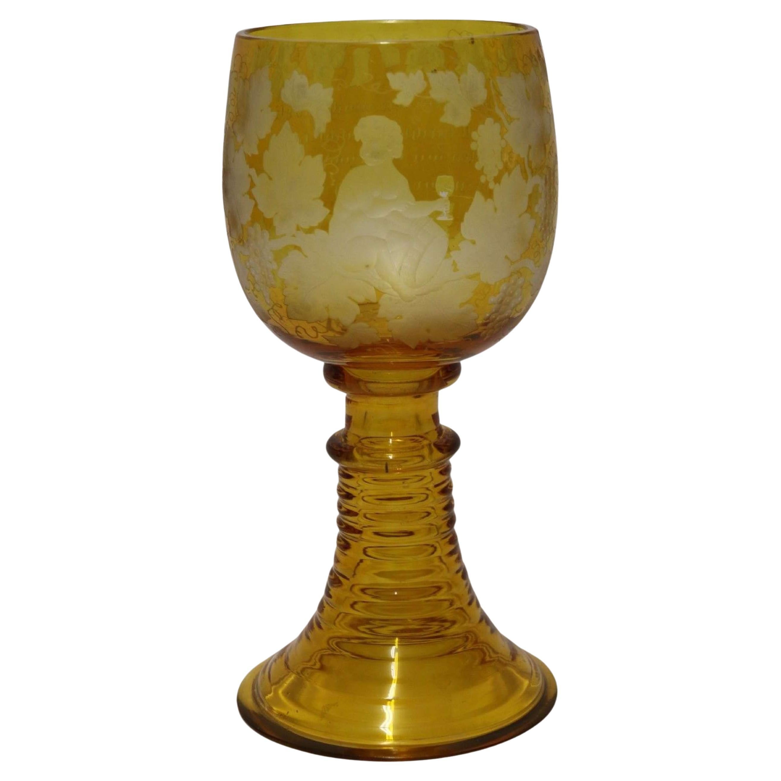 19th Century German Cut and Engraved Amber Glass Engraved Goblet, circa 1880