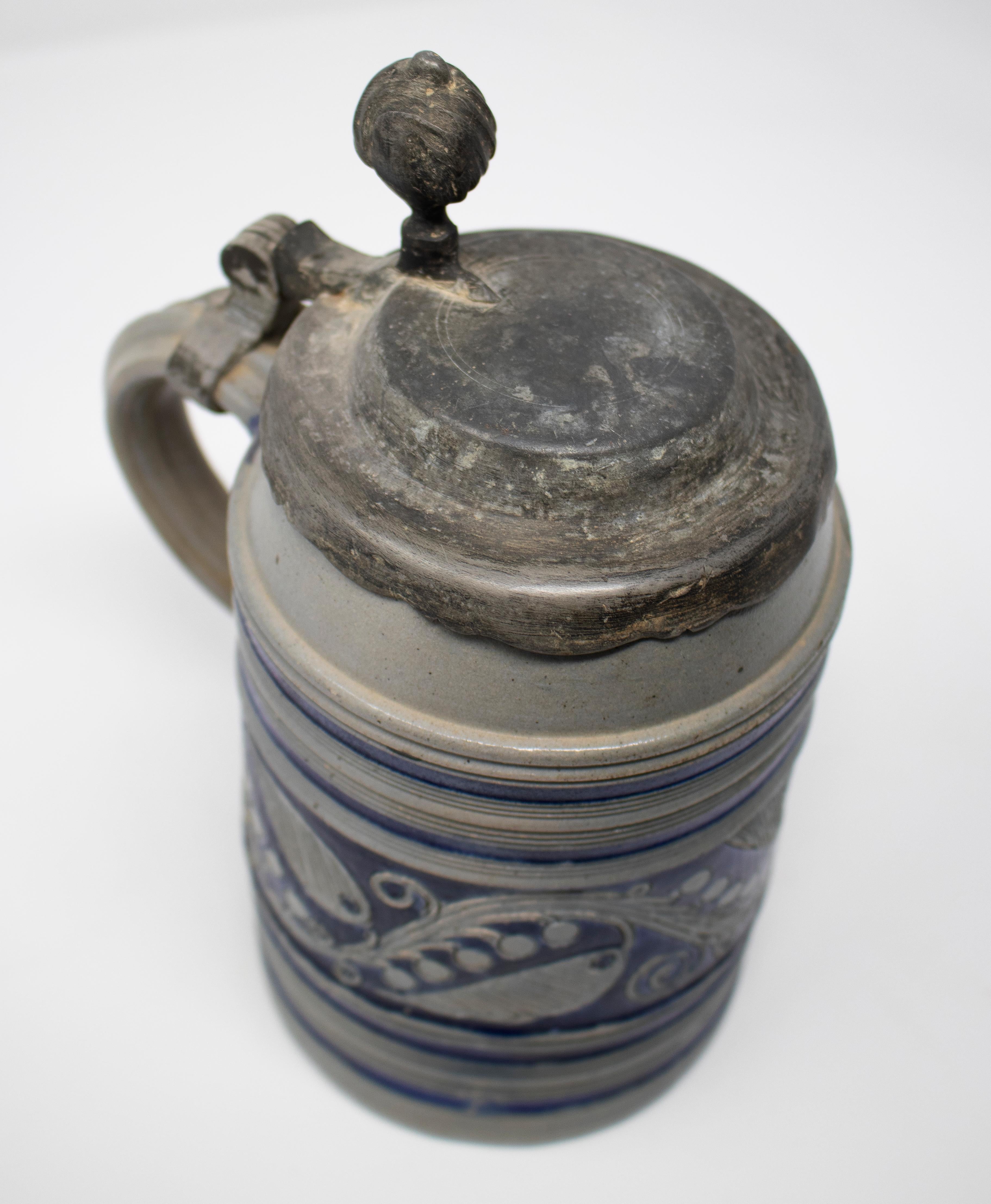 19th Century German Earthenware Beer Stein Mug with Tin Lid and Cobalt Blue 5