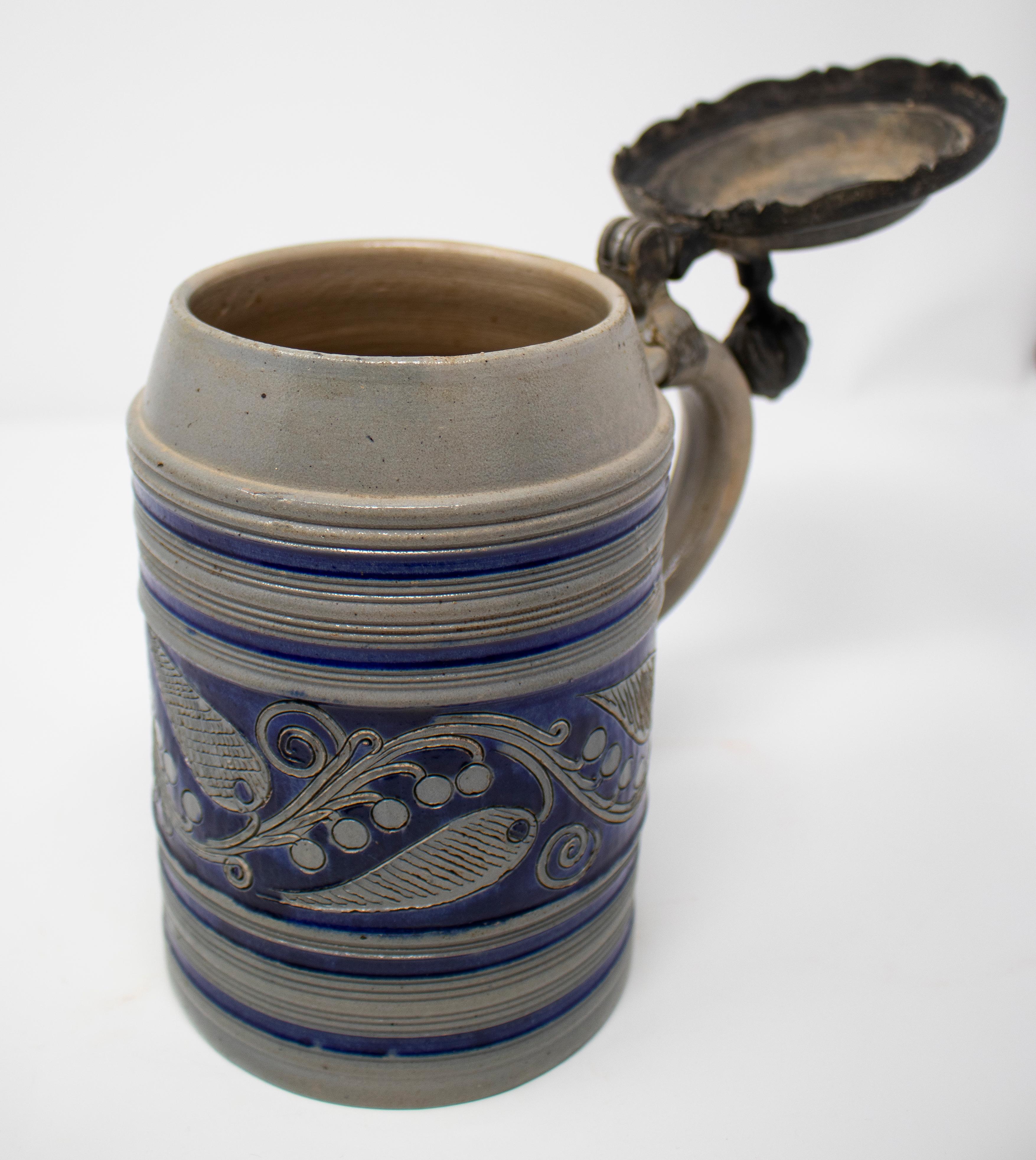 19th Century German Earthenware Beer Stein Mug with Tin Lid and Cobalt Blue 6