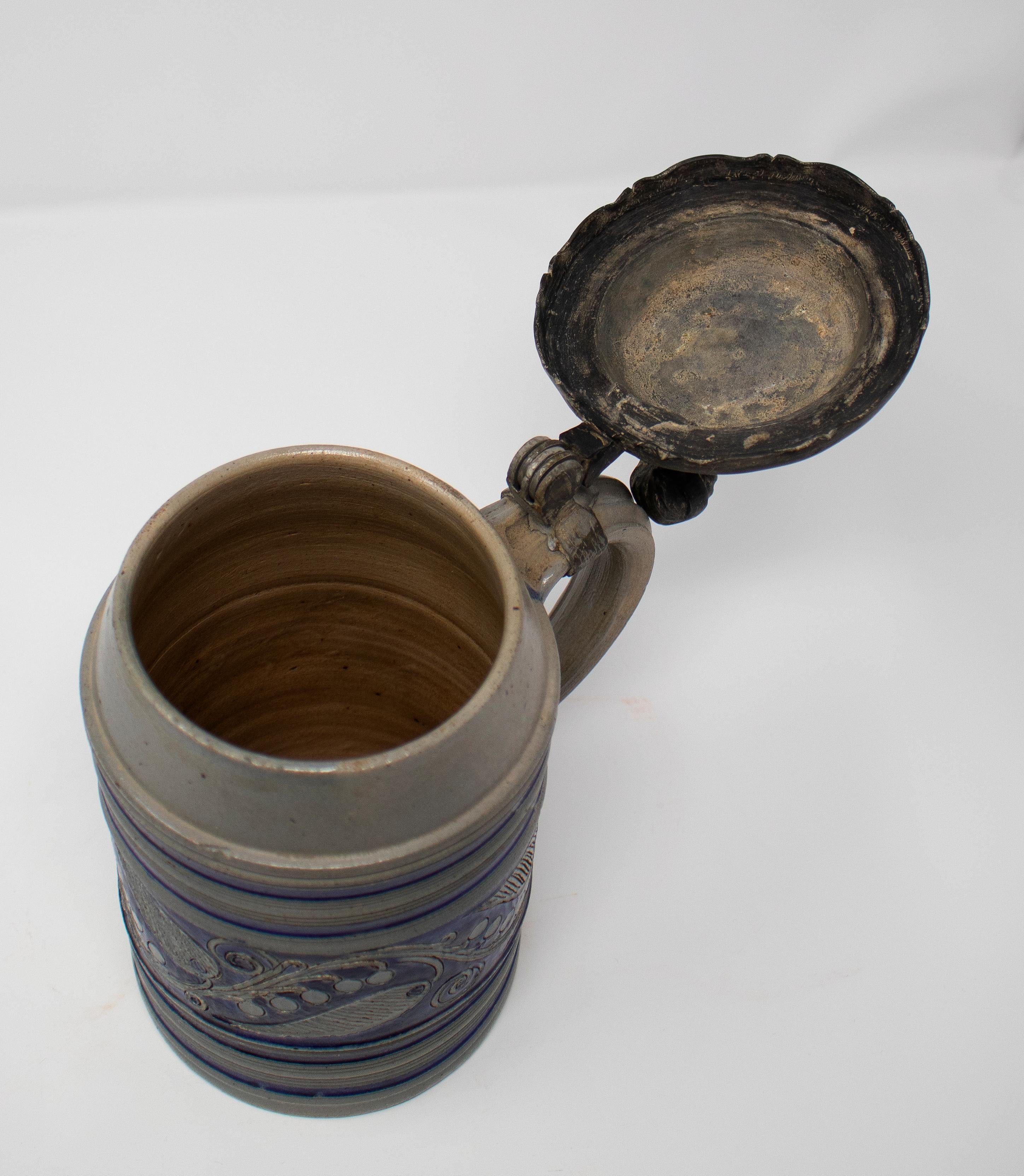 19th Century German Earthenware Beer Stein Mug with Tin Lid and Cobalt Blue 7