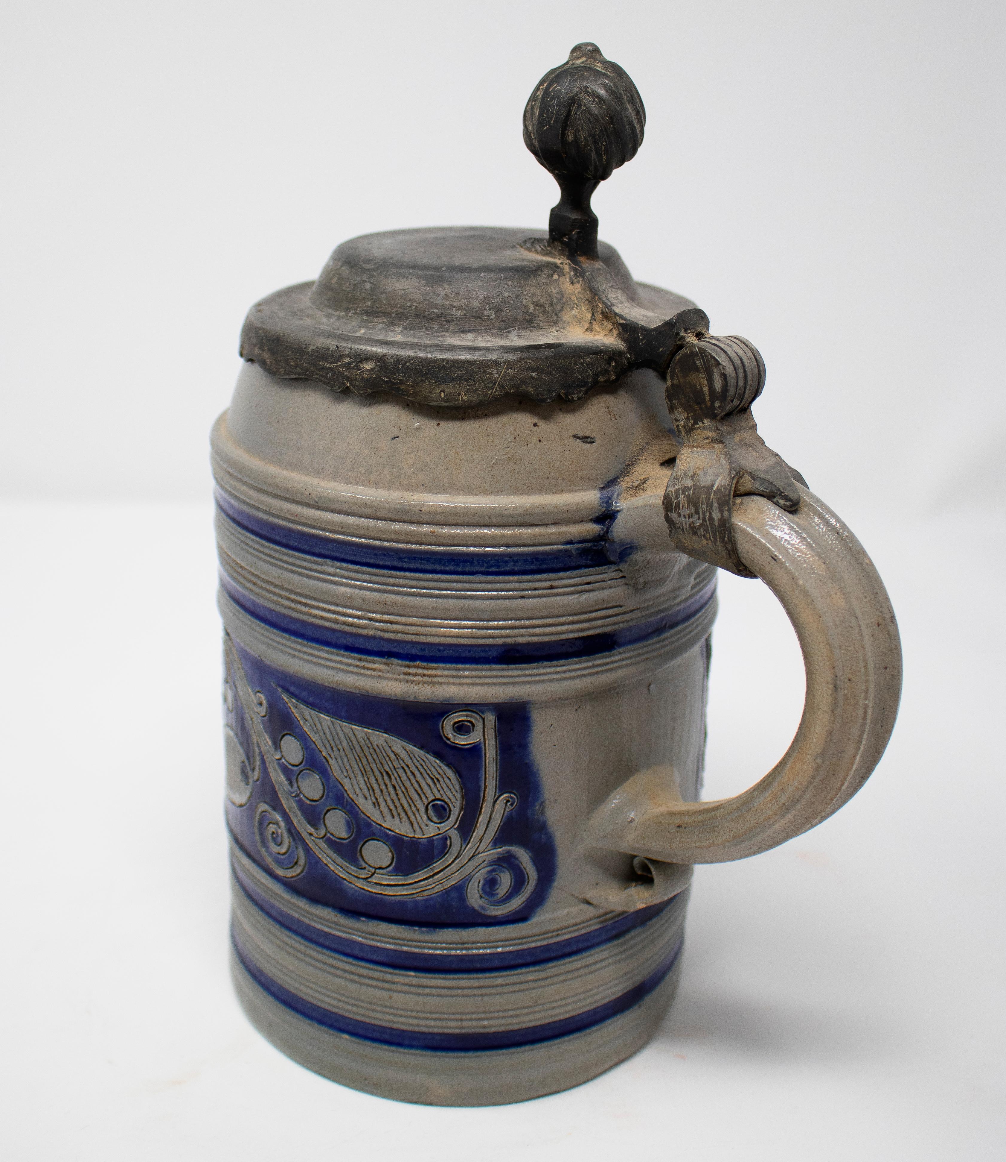 Ceramic 19th Century German Earthenware Beer Stein Mug with Tin Lid and Cobalt Blue