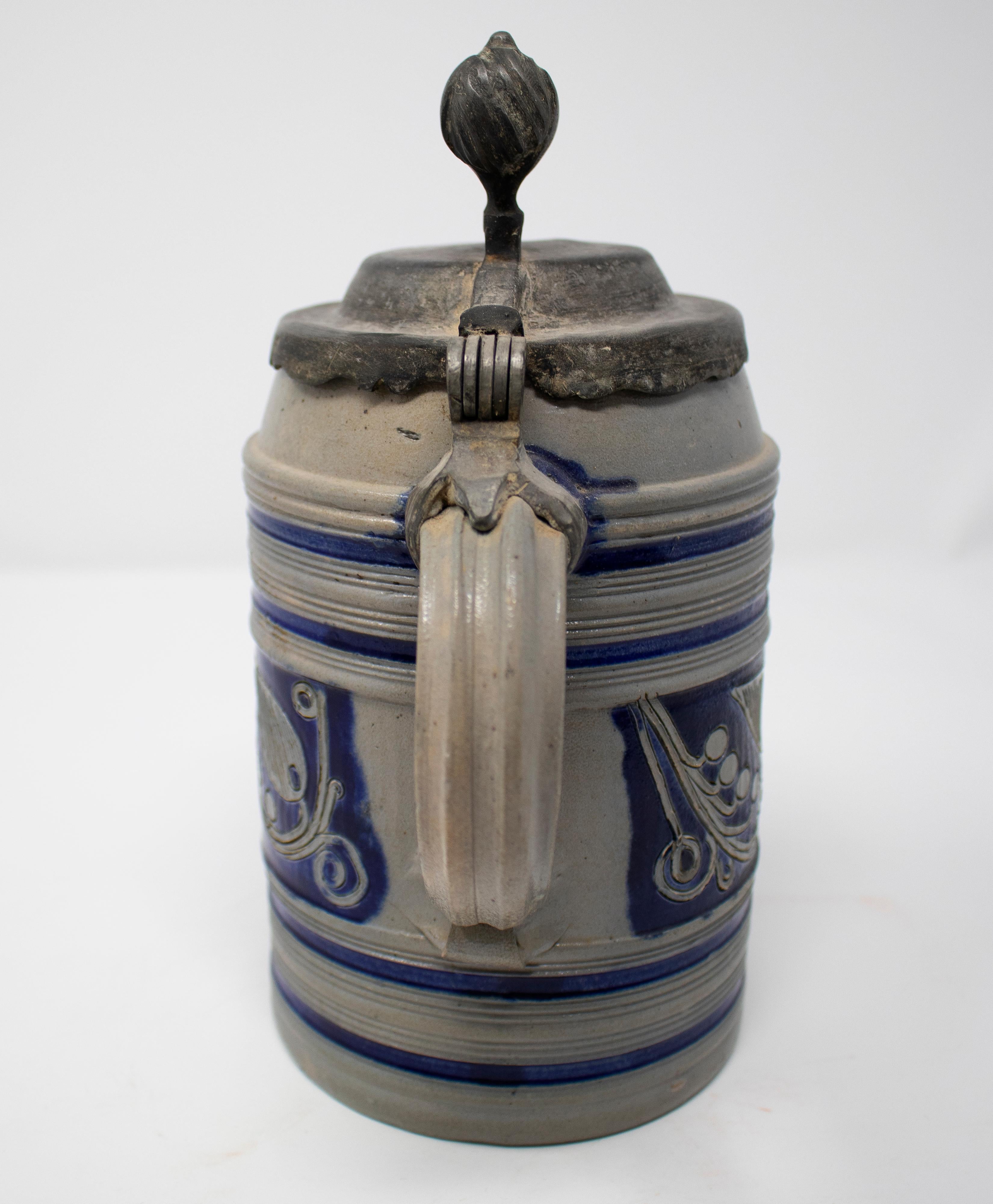 19th Century German Earthenware Beer Stein Mug with Tin Lid and Cobalt Blue 1