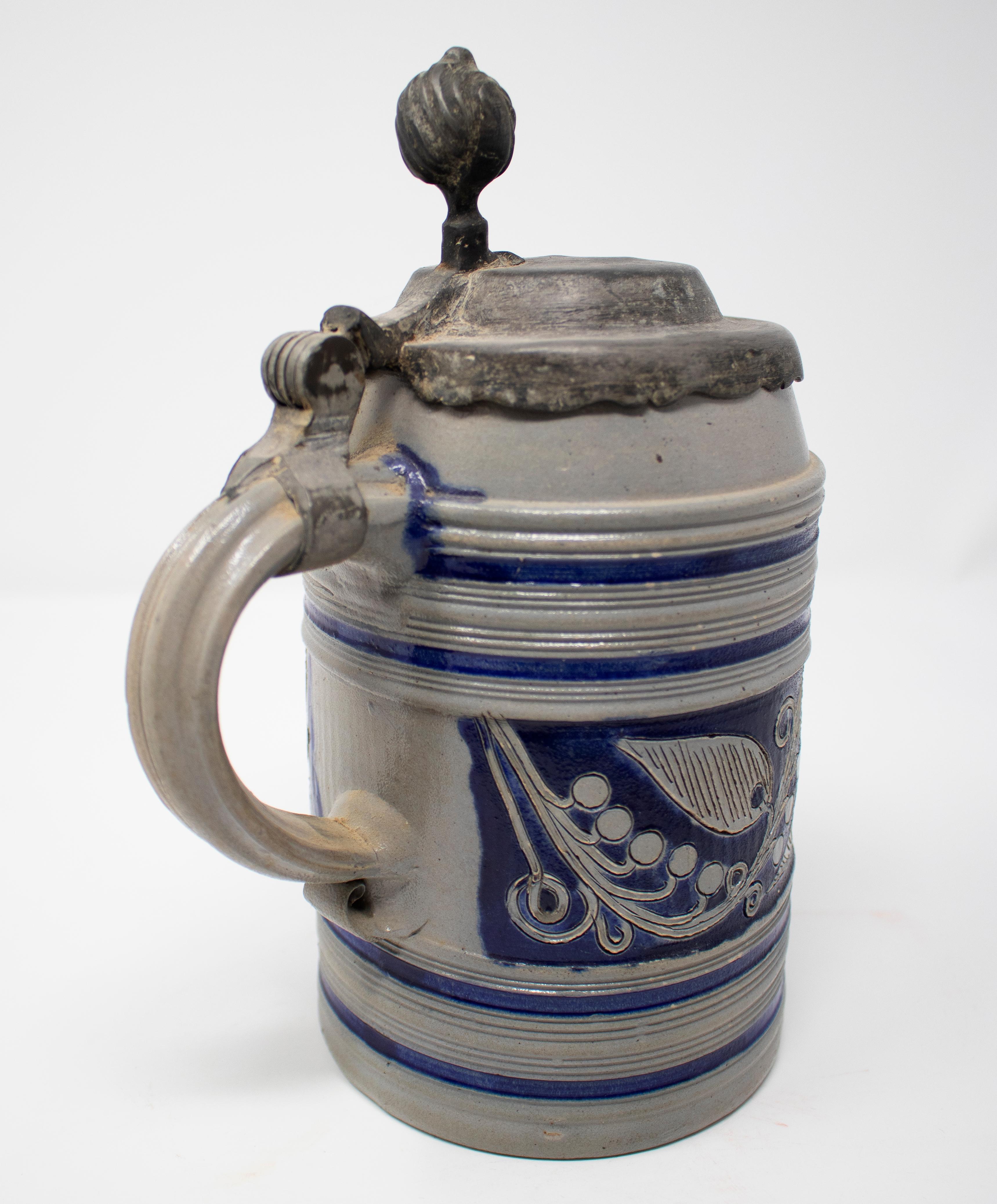 19th Century German Earthenware Beer Stein Mug with Tin Lid and Cobalt Blue 2