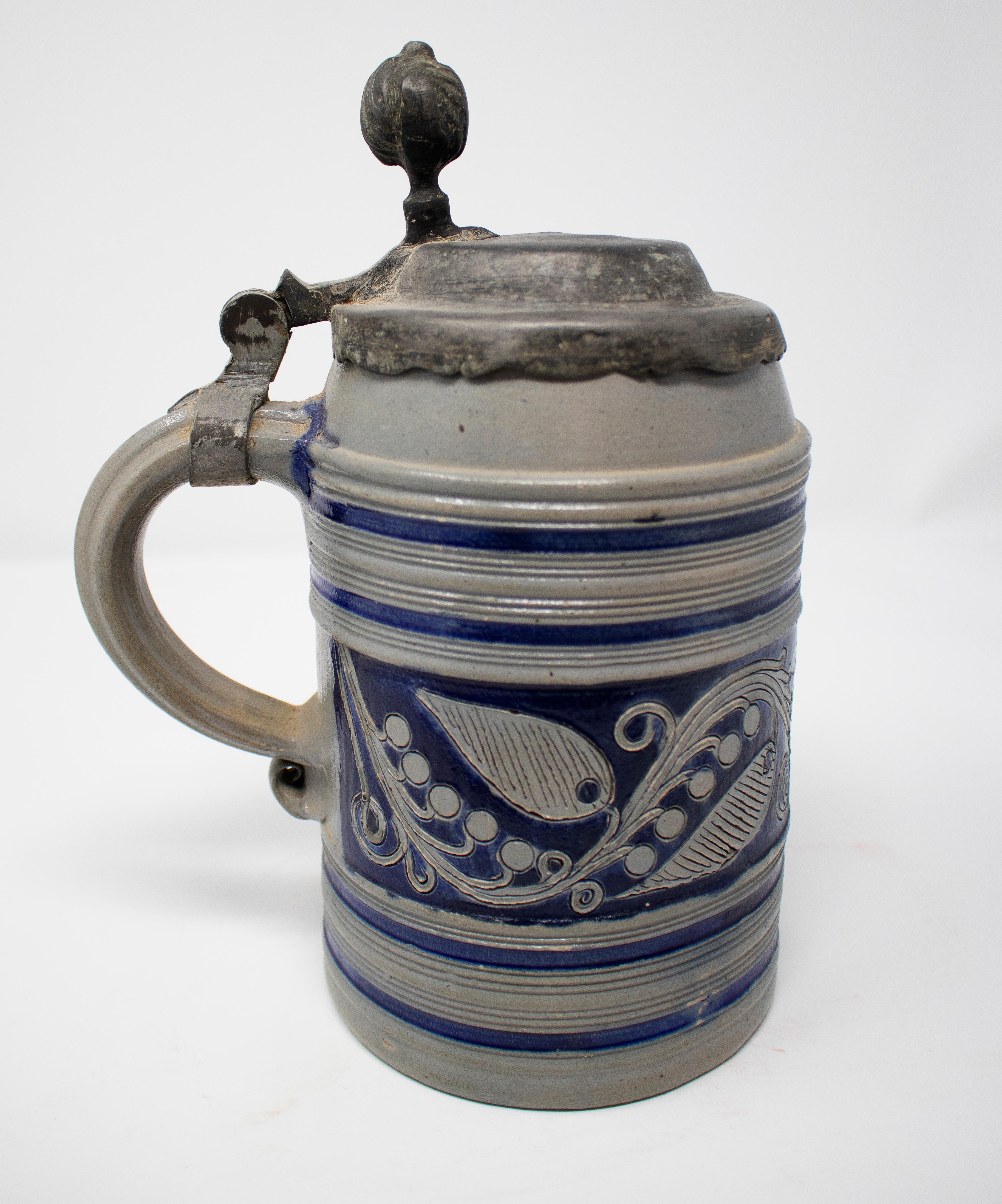 19th Century German Earthenware Beer Stein Mug with Tin Lid and Cobalt Blue 3