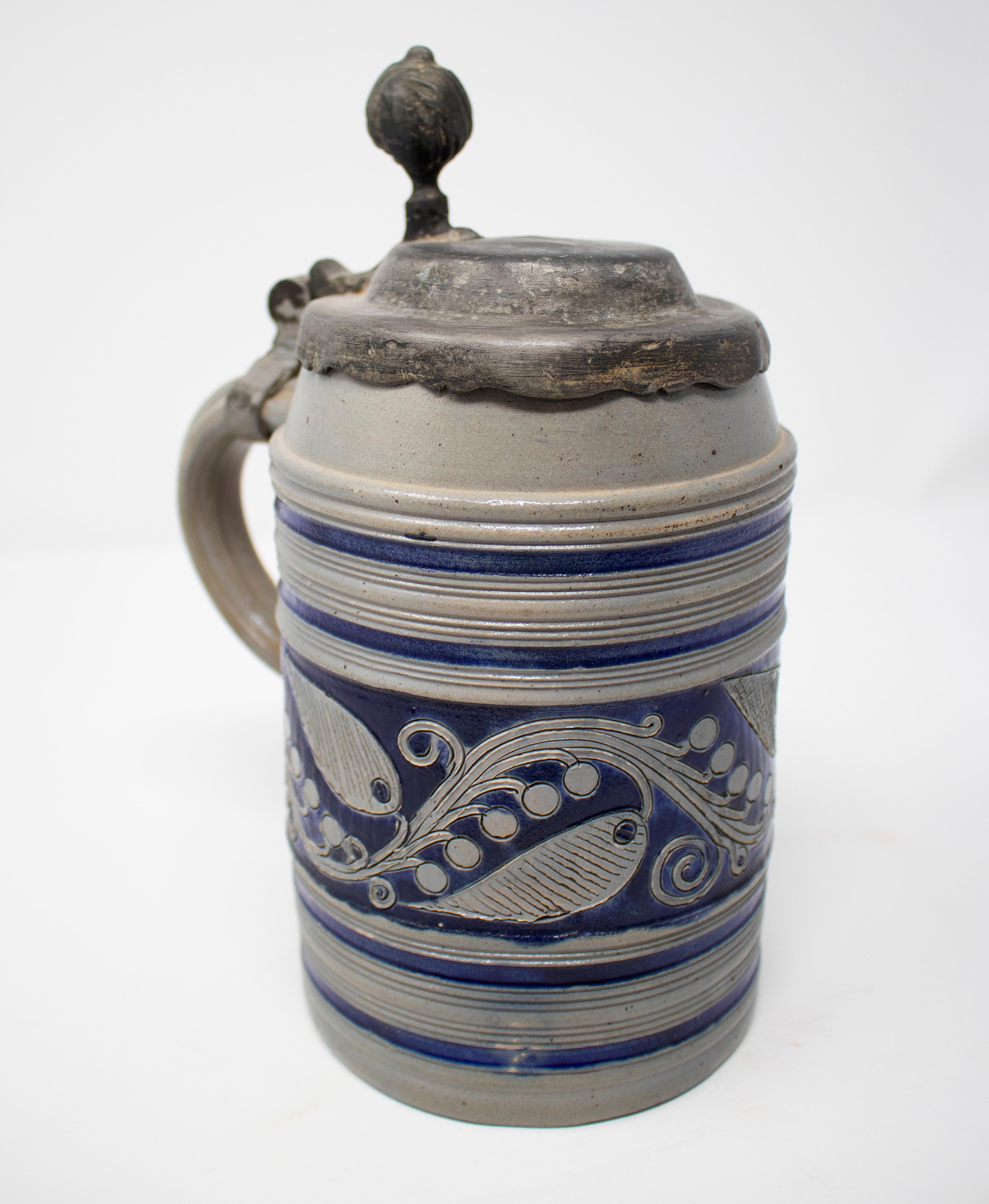 19th Century German Earthenware Beer Stein Mug with Tin Lid and Cobalt Blue 4