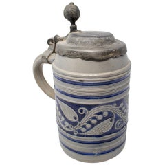 19th Century German Earthenware Beer Stein Mug with Tin Lid and Cobalt Blue