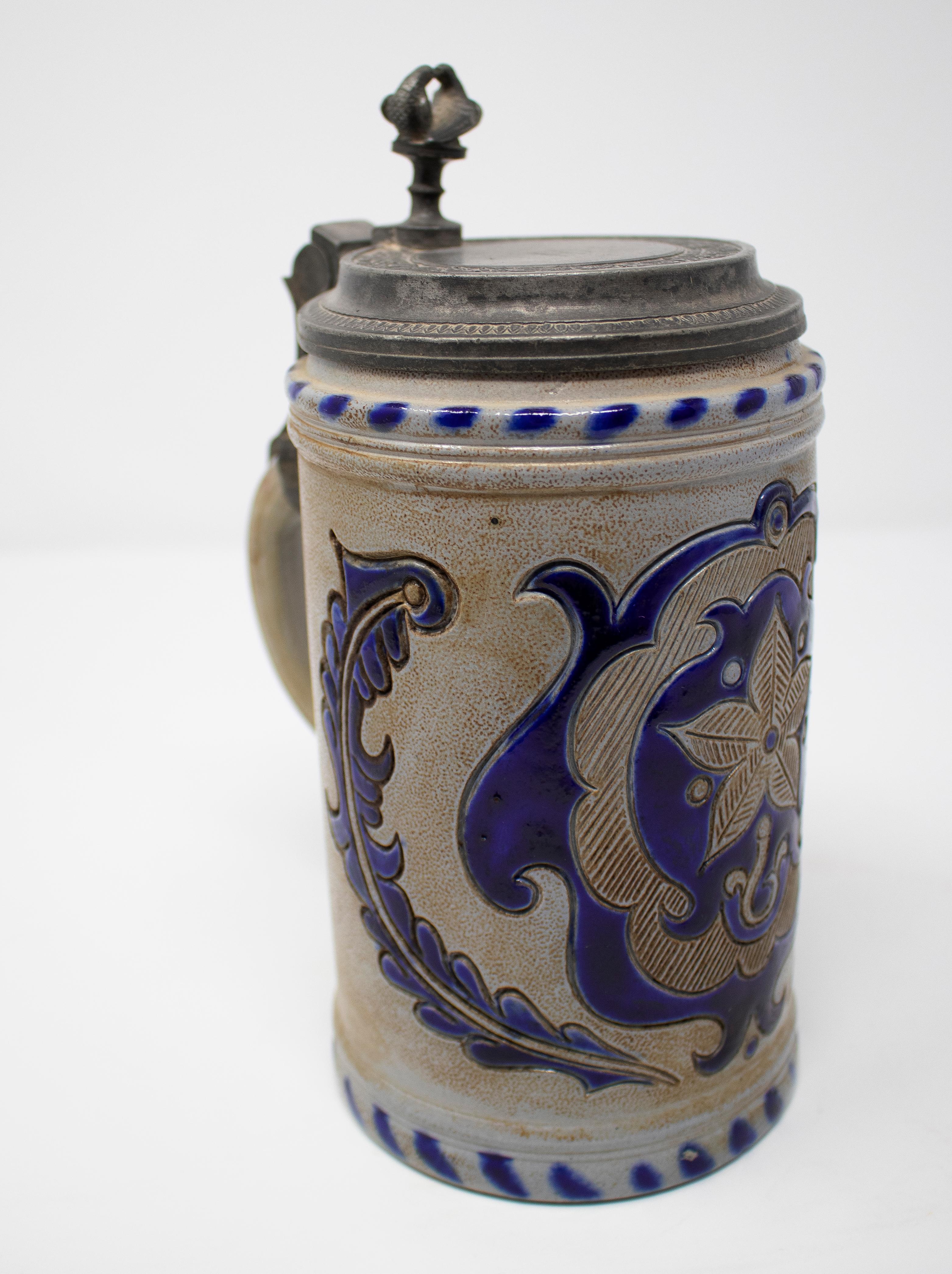 19th Century German Earthenware Beer Stein with Tin Lid and Cobalt Blue For Sale 3