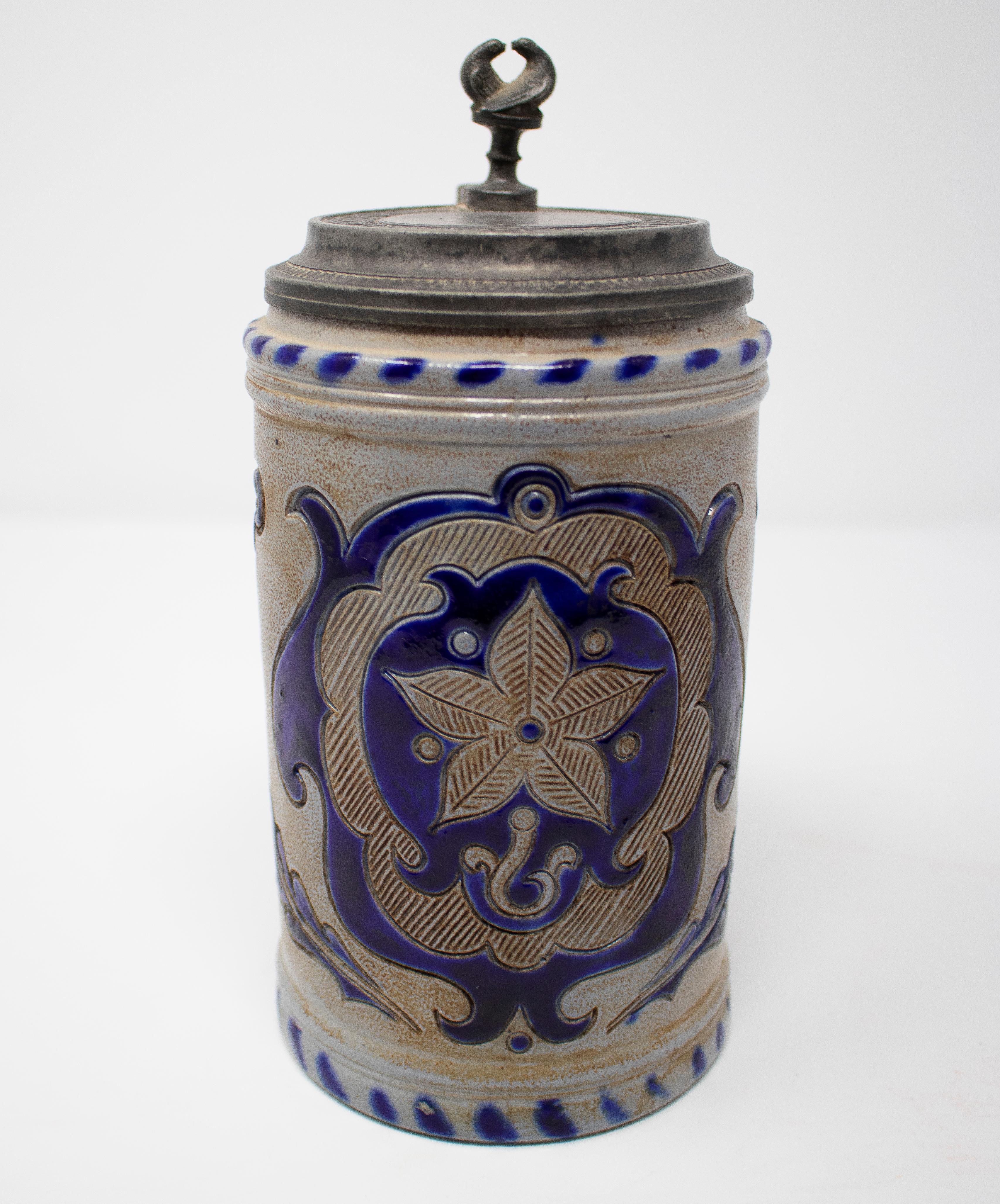 19th Century German Earthenware Beer Stein with Tin Lid and Cobalt Blue For Sale 4