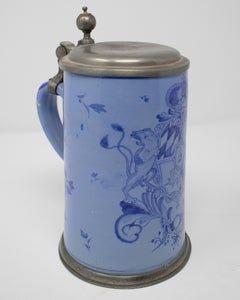deutscher Steingut-Bierkrug mit Zinndeckel und kobaltblauem Deckel aus dem 19