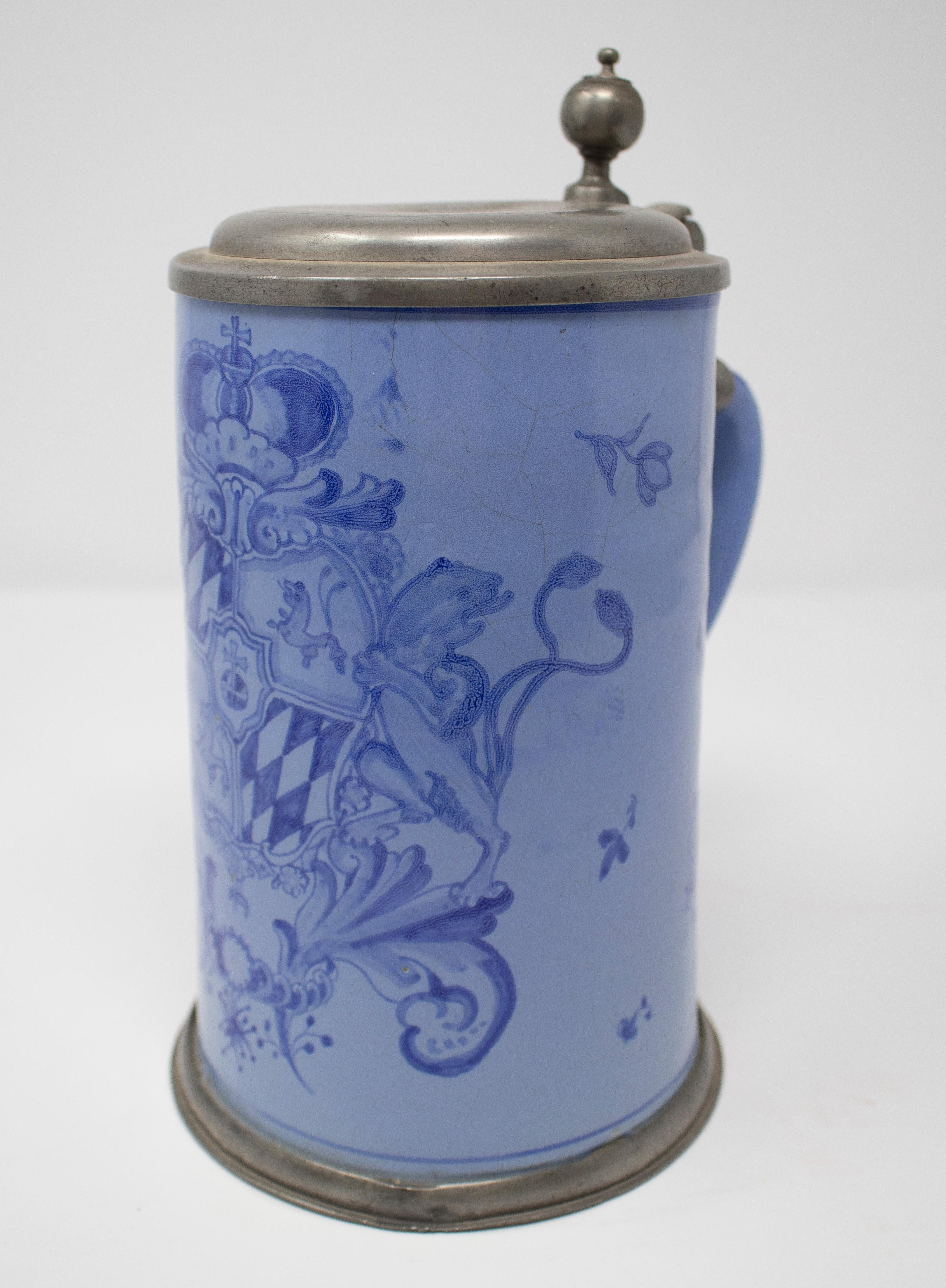 19th Century German Earthenware Beer Stein with Tin Lid and Cobalt Blue In Good Condition In Marbella, ES