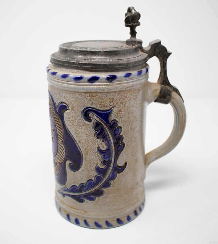 19th Century German Earthenware Beer Stein with Tin Lid and Cobalt Blue
