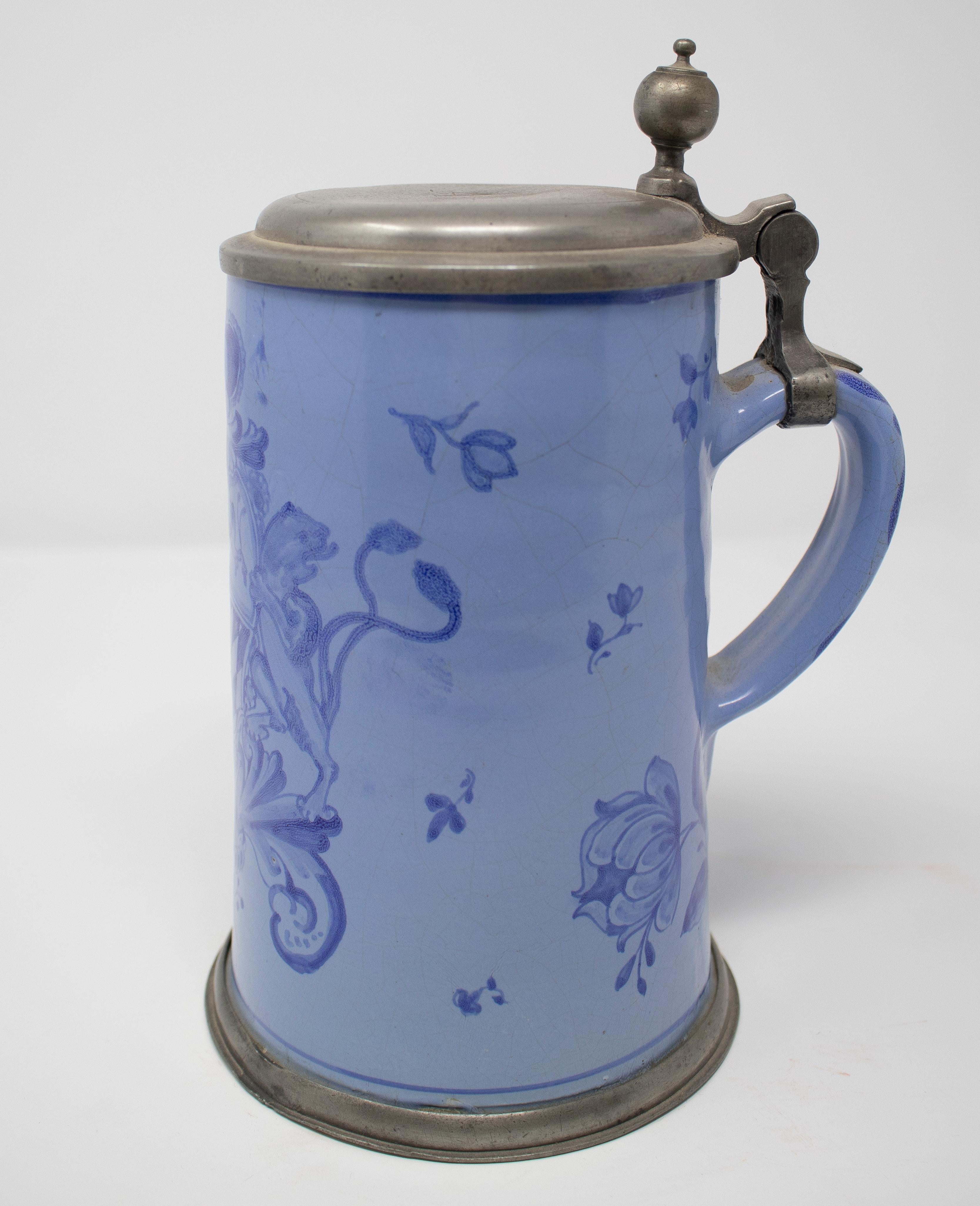 Ceramic 19th Century German Earthenware Beer Stein with Tin Lid and Cobalt Blue