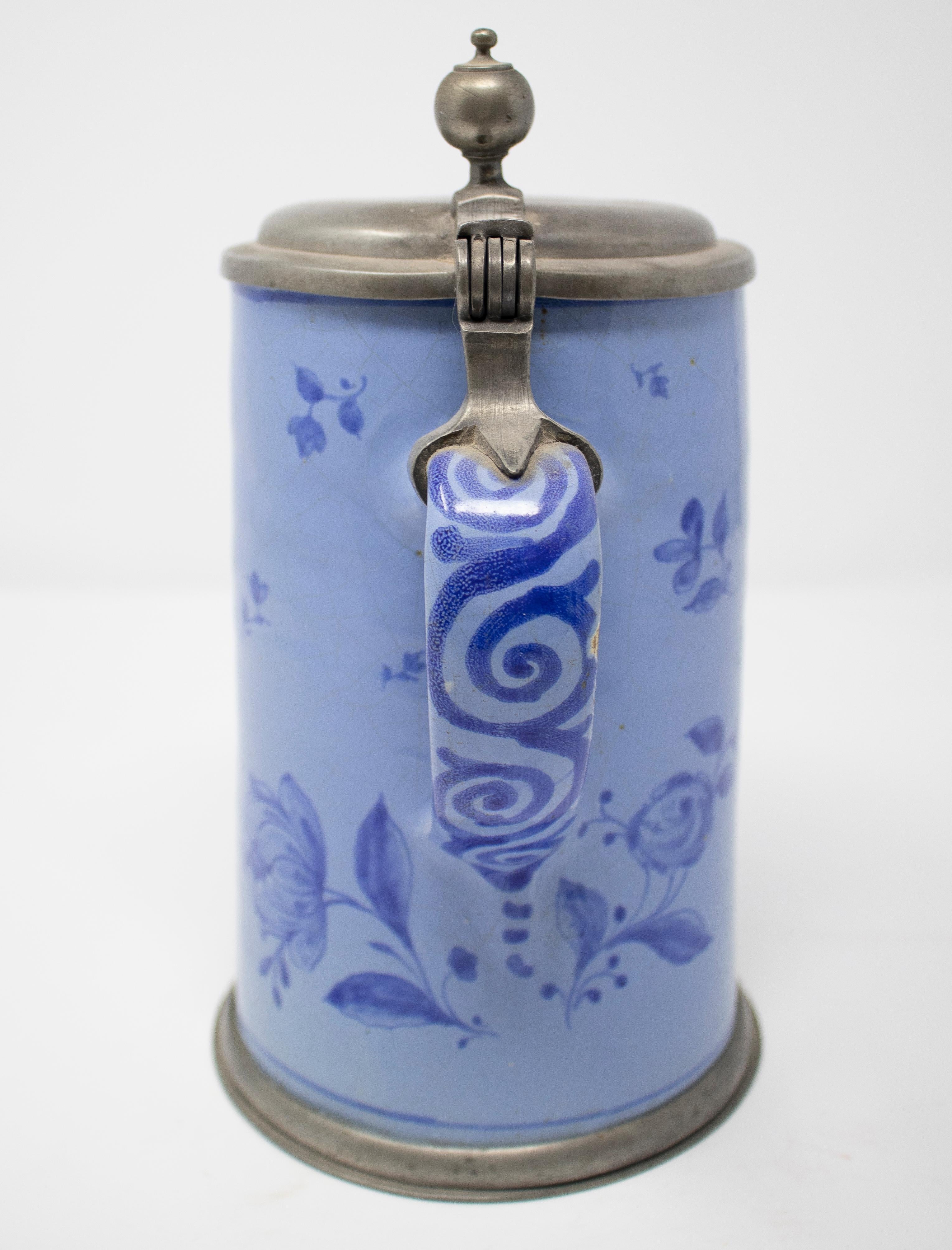 19th Century German Earthenware Beer Stein with Tin Lid and Cobalt Blue 1