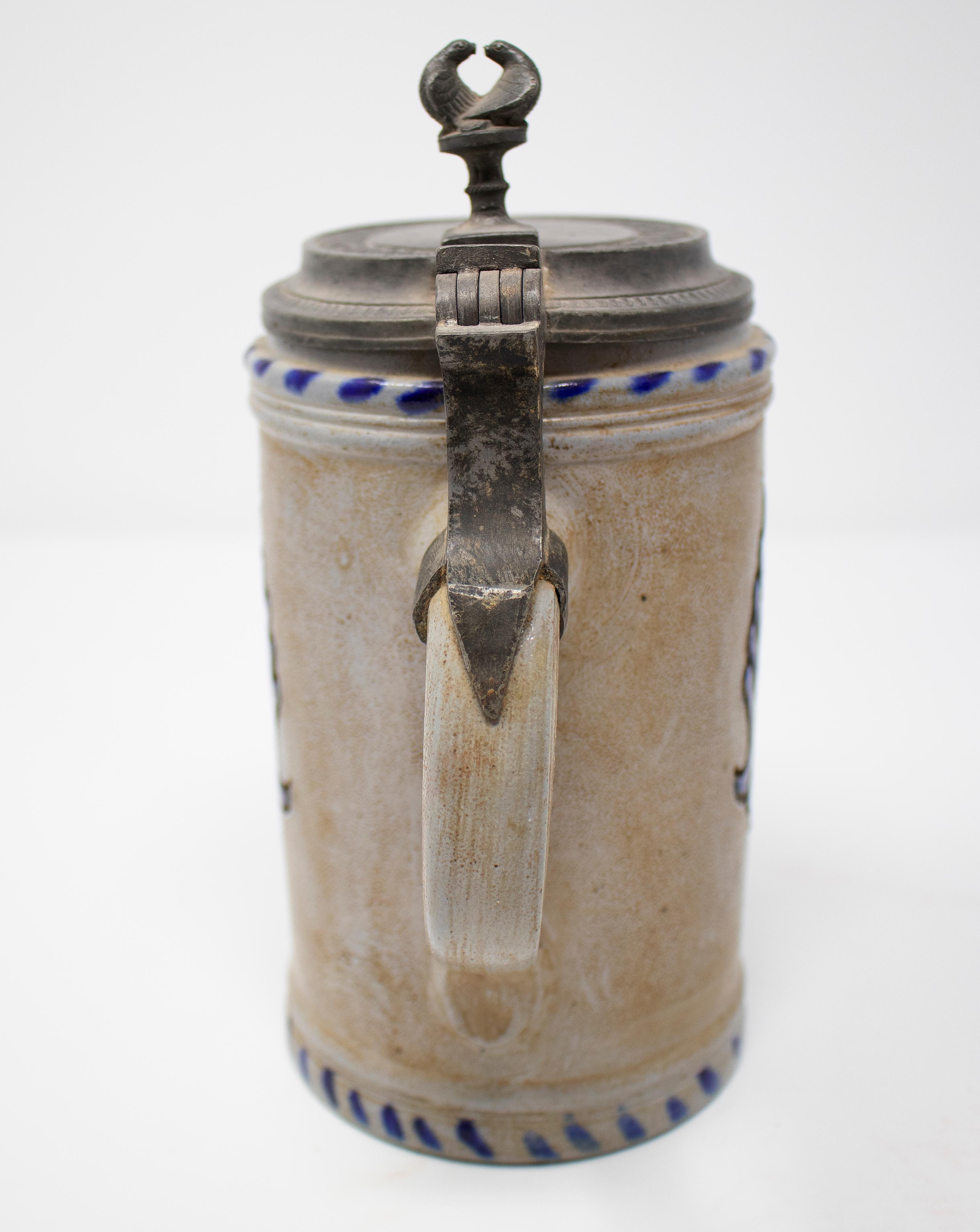 Ceramic 19th Century German Earthenware Beer Stein with Tin Lid and Cobalt Blue For Sale