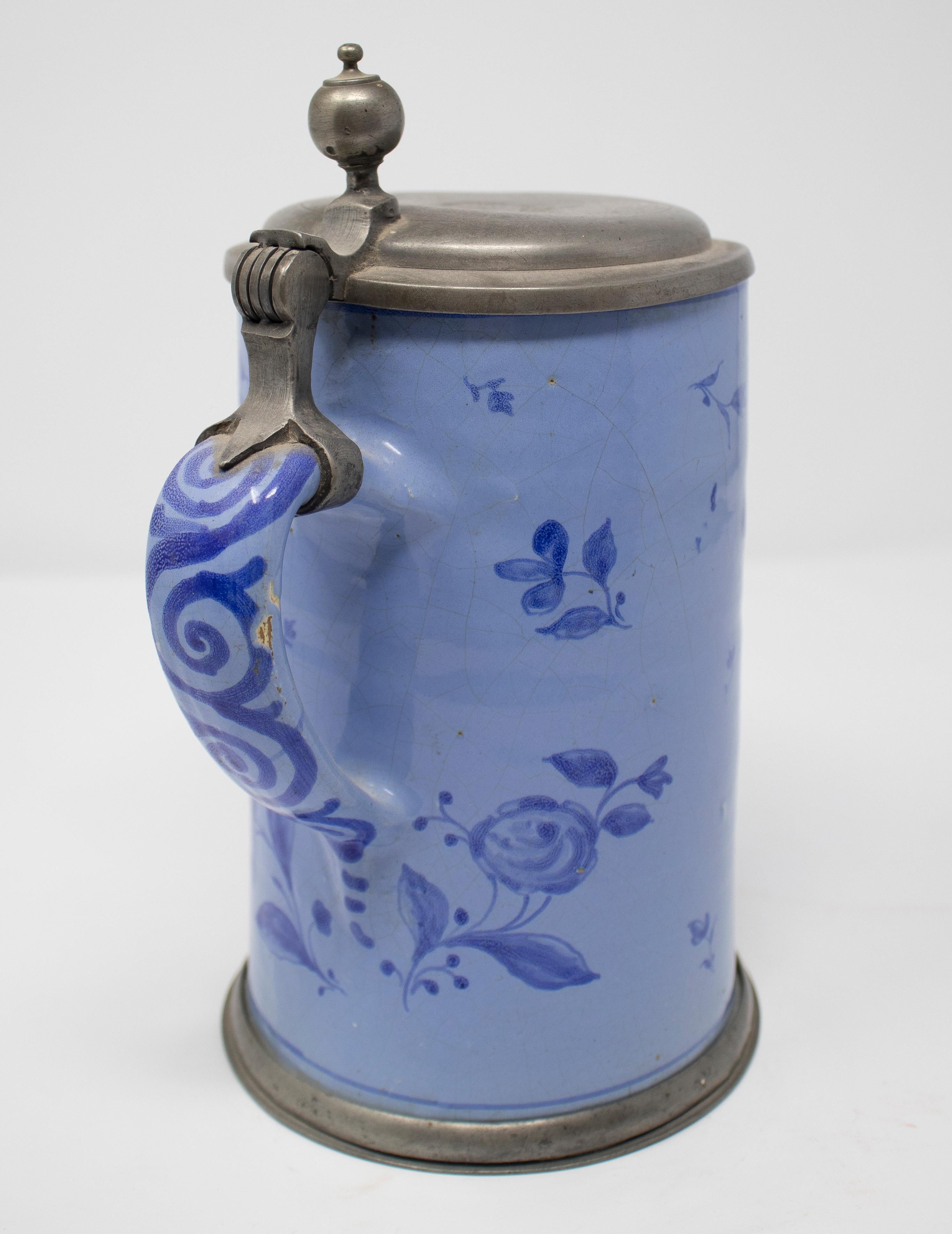 19th Century German Earthenware Beer Stein with Tin Lid and Cobalt Blue 2