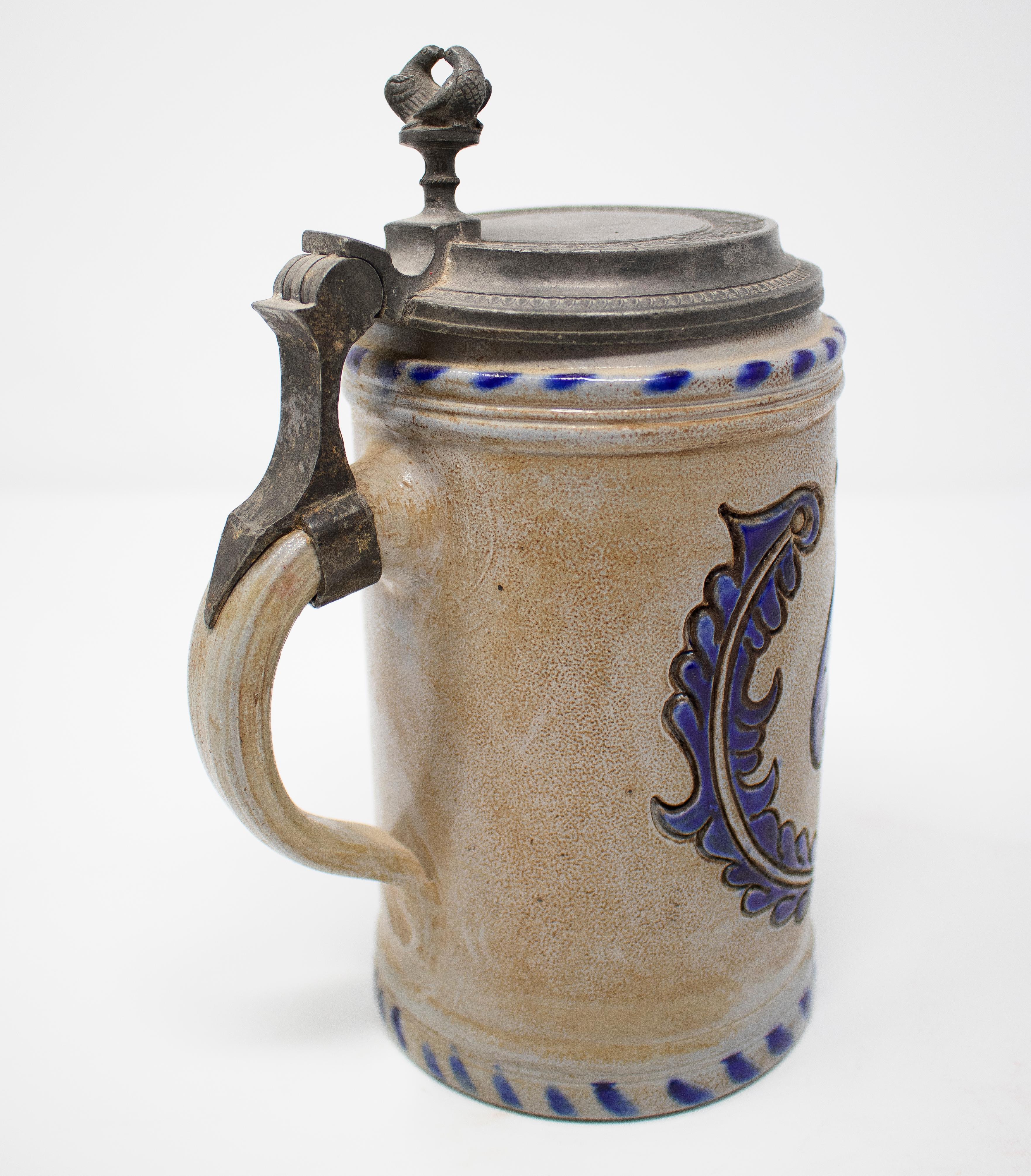19th Century German Earthenware Beer Stein with Tin Lid and Cobalt Blue For Sale 1
