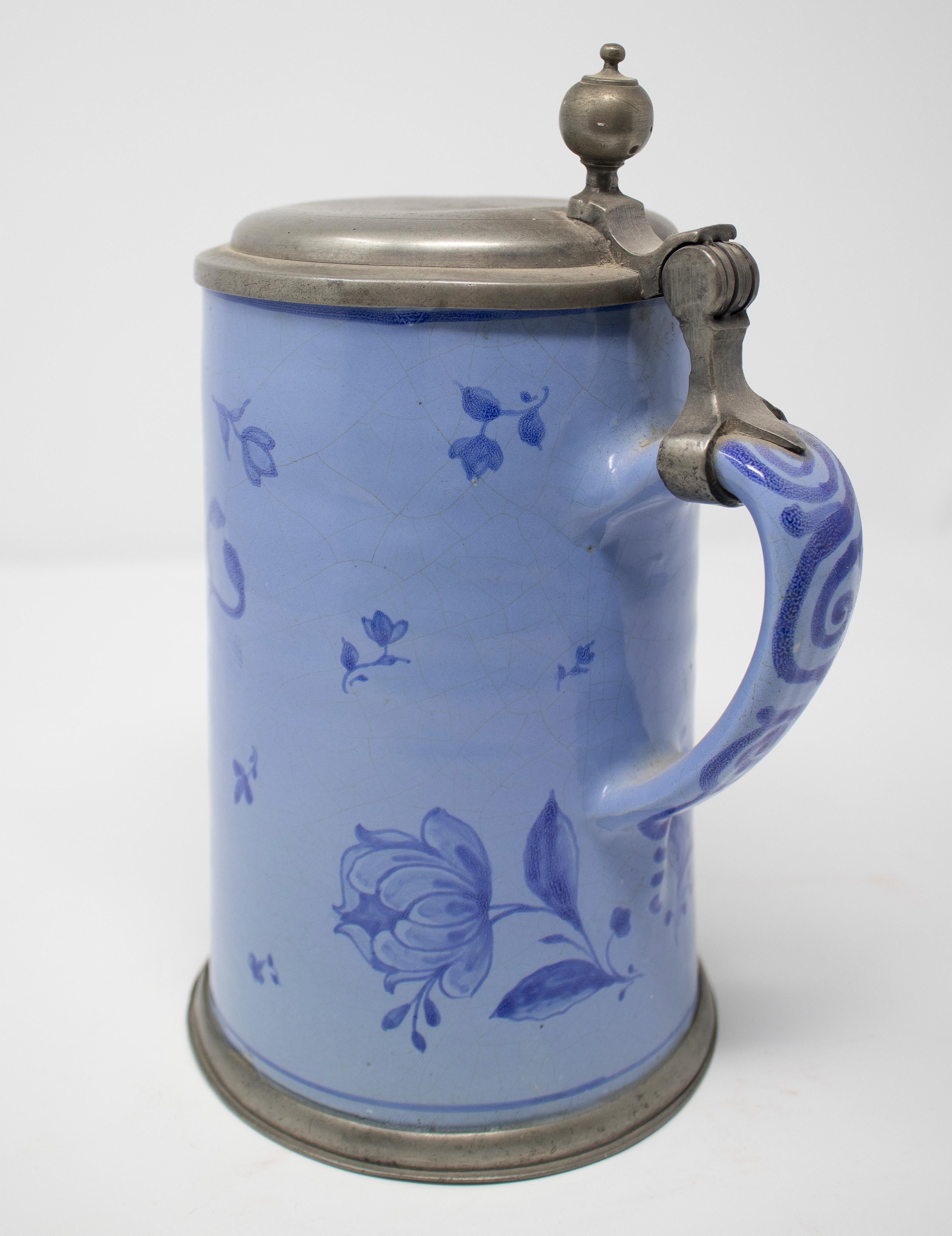 19th Century German Earthenware Beer Stein with Tin Lid and Cobalt Blue 3