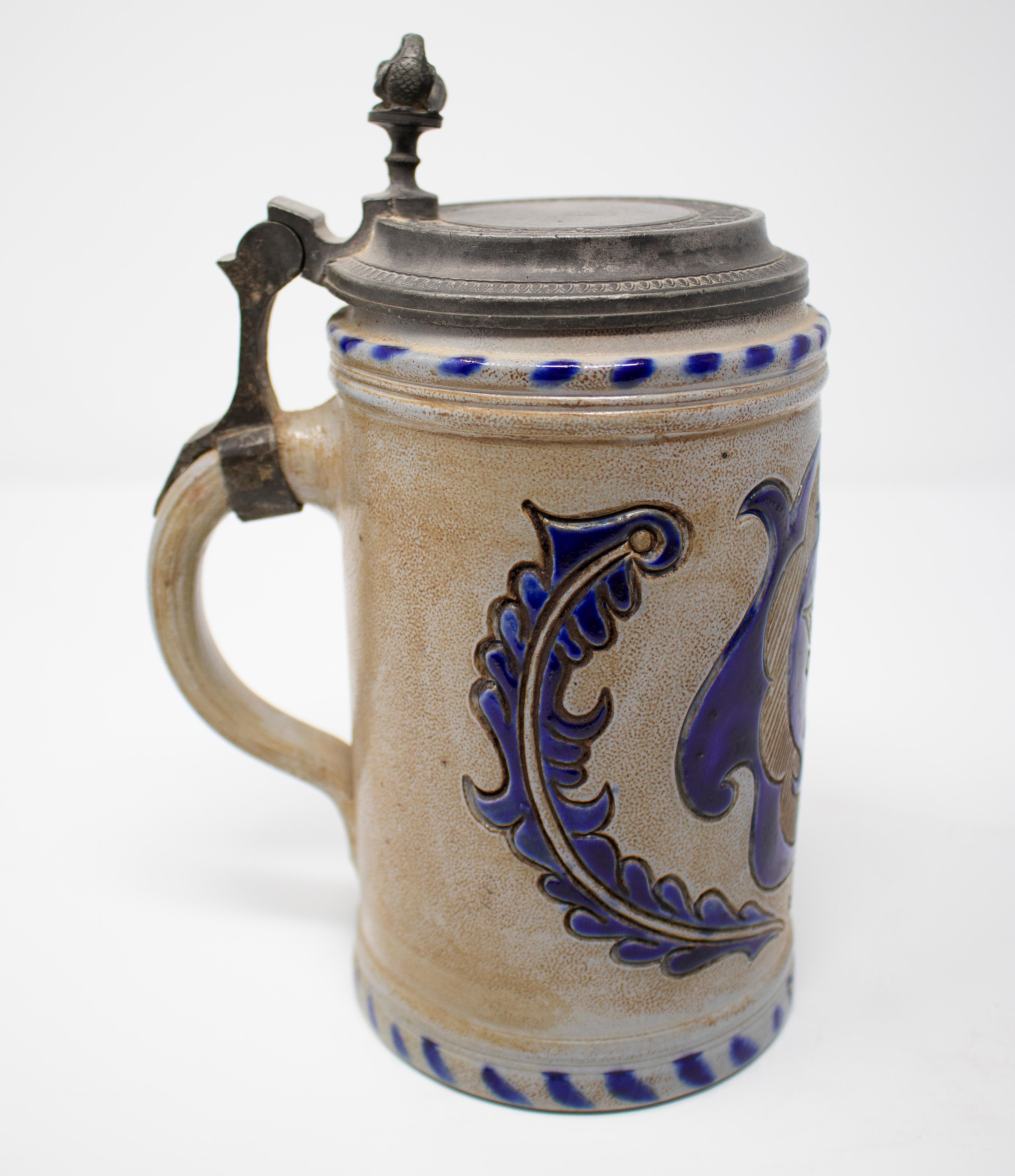 19th Century German Earthenware Beer Stein with Tin Lid and Cobalt Blue For Sale 2