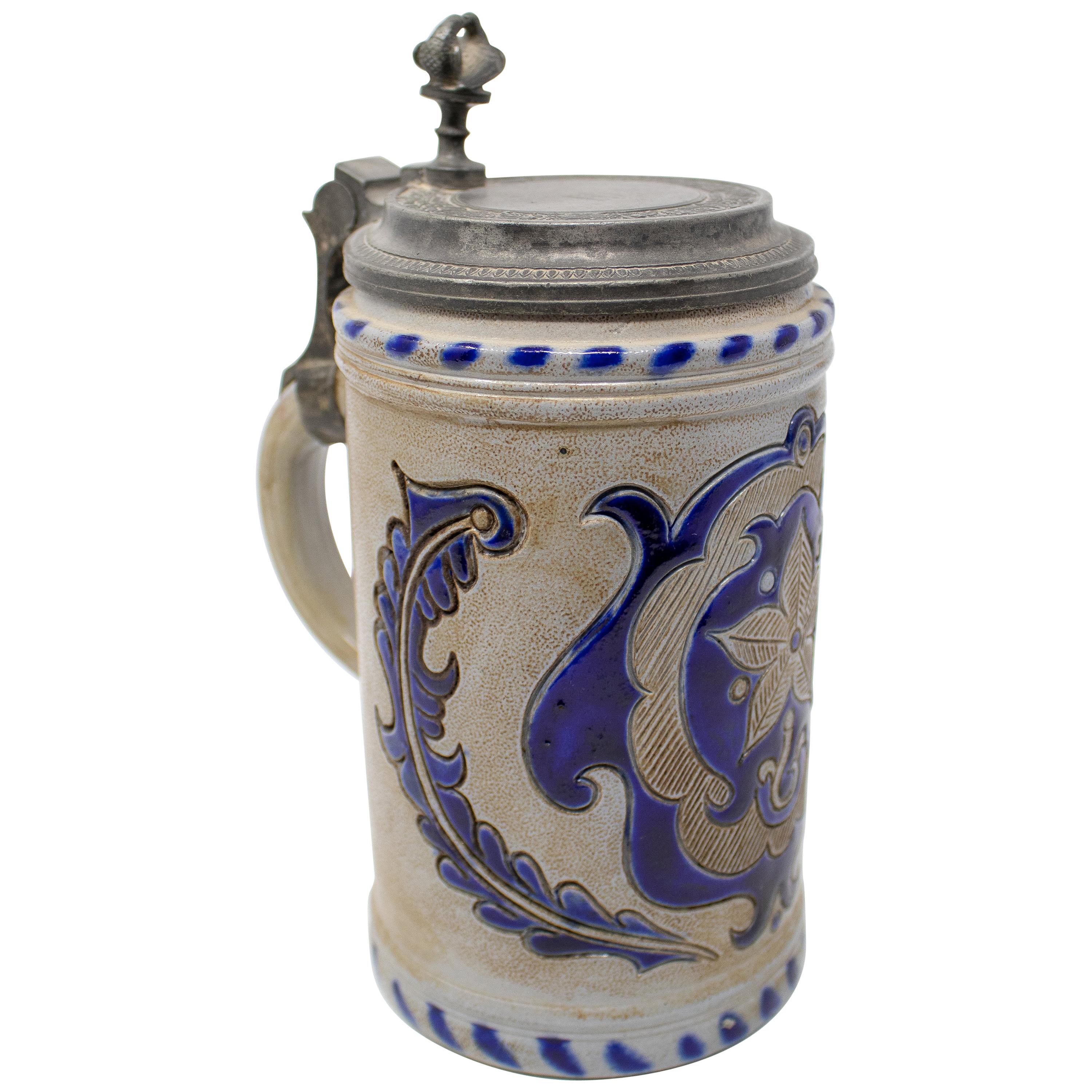 19th Century German Earthenware Beer Stein with Tin Lid and Cobalt Blue For Sale