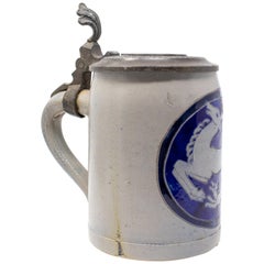 Antique 19th Century German Earthenware Beer Stein with Tin Lid and Cobalt Blue