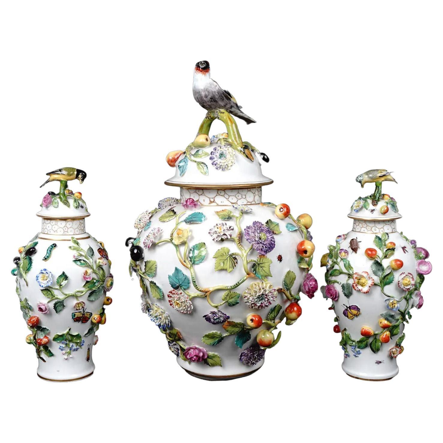 19th Century German Encrusted Porcelain Urns Set with Birds Motif