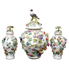19th Century German Encrusted Porcelain Urns Set with Birds Motif