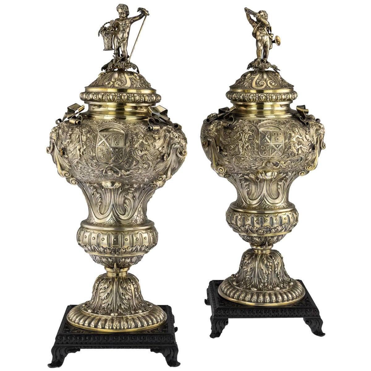 19th Century German Exceptional Solid Silver-Gilt Vases, Hanau, circa 1880