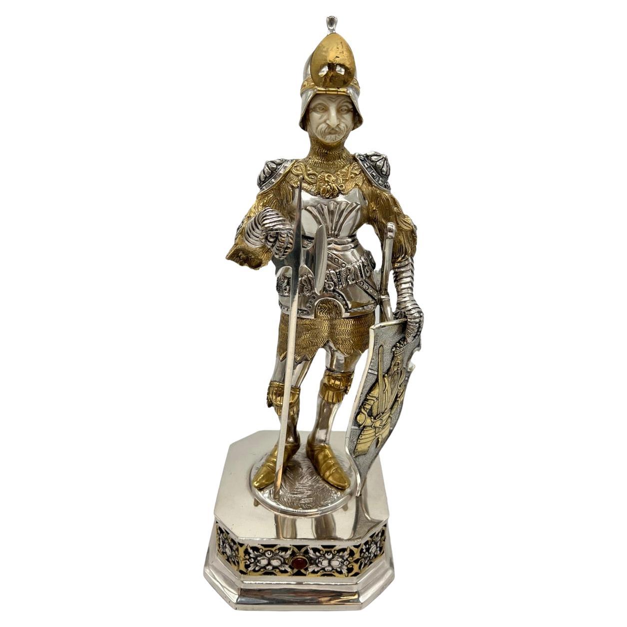 19th Century German Extremely Detailed Sterling Silver and Gold Gilt Knight For Sale