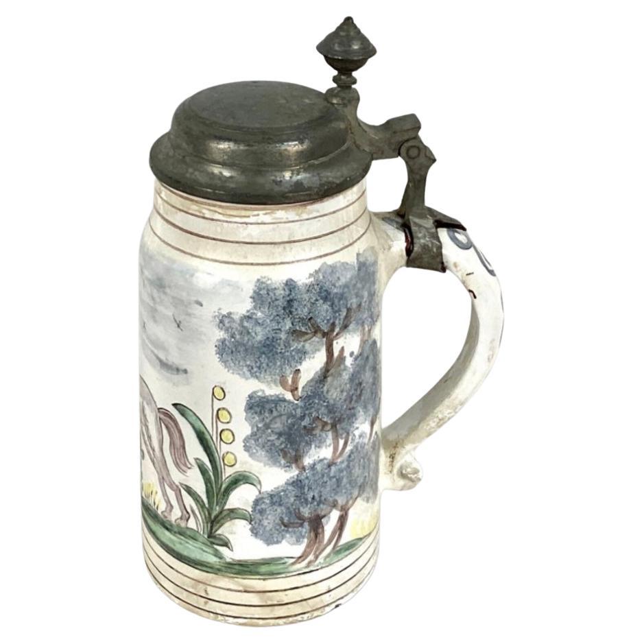 19th Century German Faience Beer Stein With Handle and Lid For Sale 3