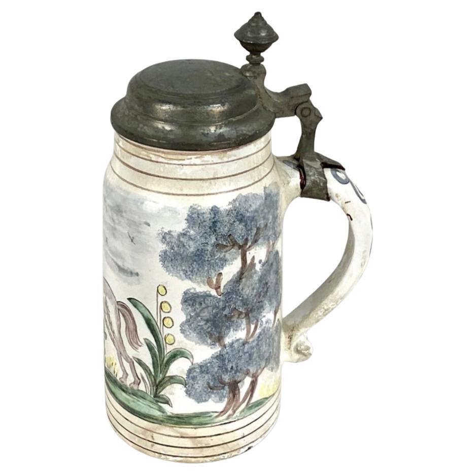 19th Century German Faience Beer Stein With Handle and Lid For Sale