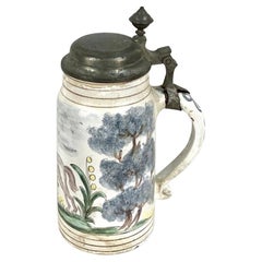 19th Century German Faience Beer Stein With Handle and Lid