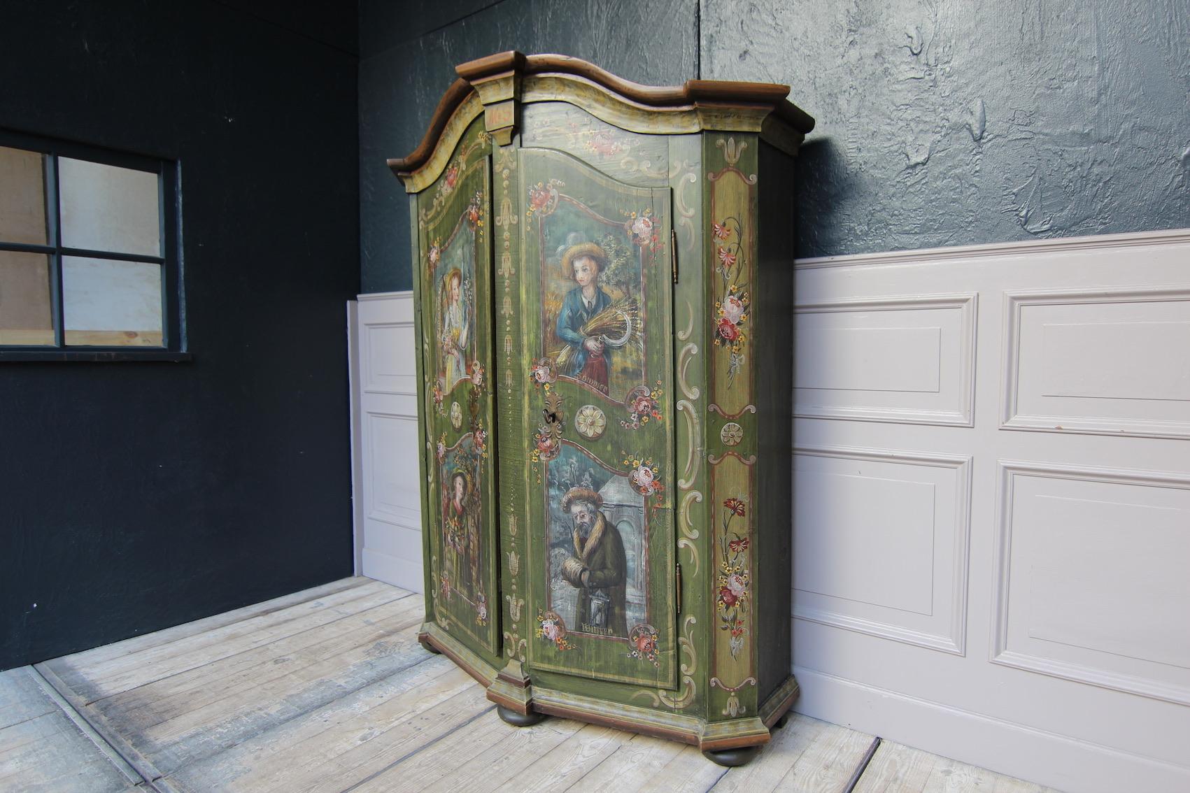 Hand-Painted 19th Century German Folk Art Painted Pine Cabinet
