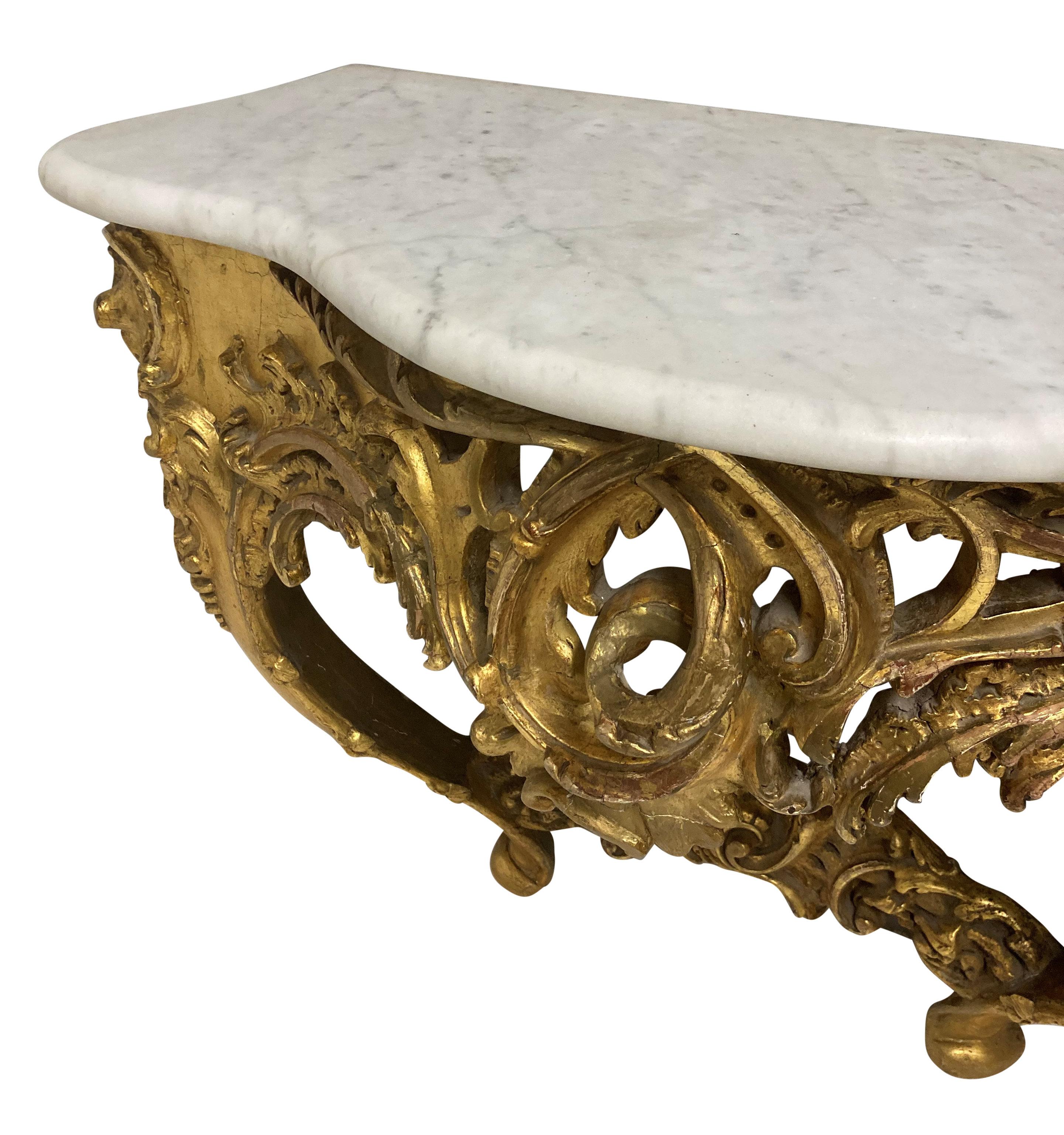 Carrara Marble 19th Century German Giltwood Console Tabe For Sale