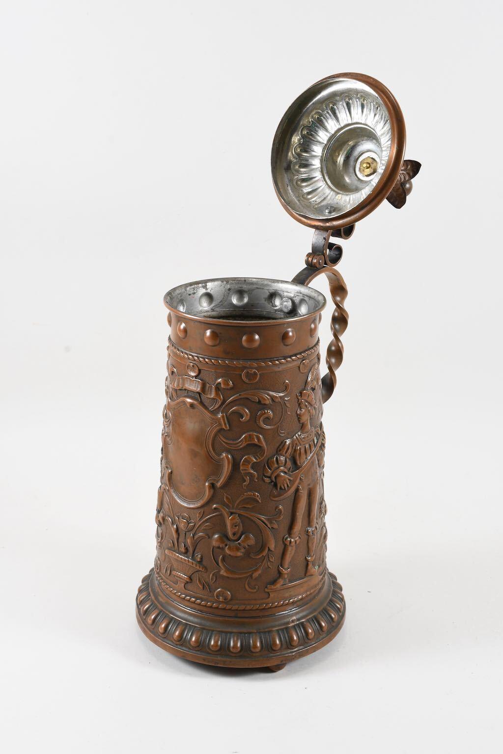 19th Century German Hammered Copper Beer Tankards, Can Stein about 1870s 4