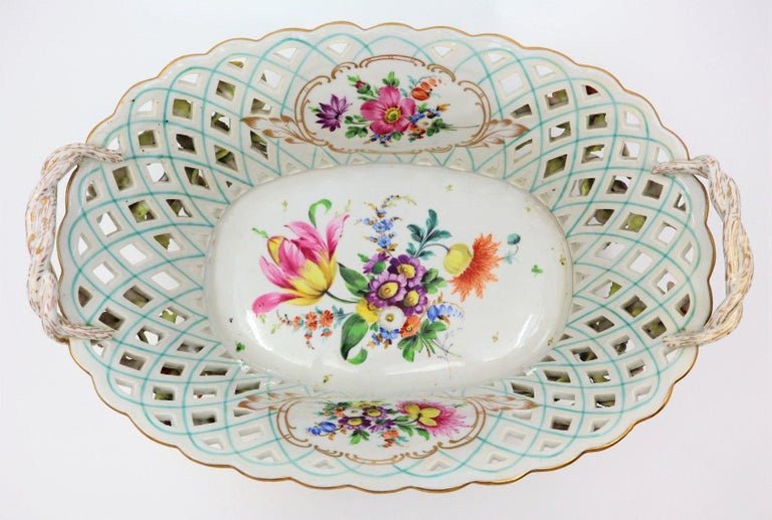European 19th Century, German, Hand Painted Porcelain, Basket