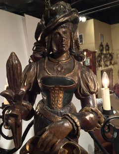 19th Century German Lusterweibchen Carved Walnut Polychrome Six-Light Chandelier