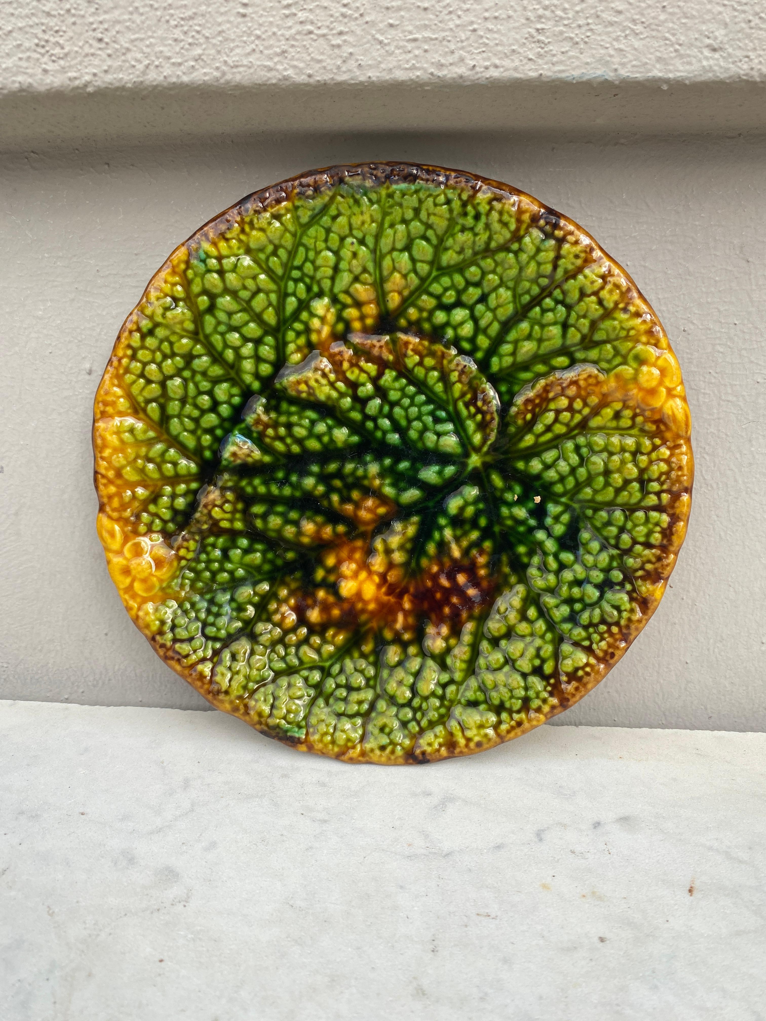 Rustic 19th Century German Majolica Begonia Plate For Sale