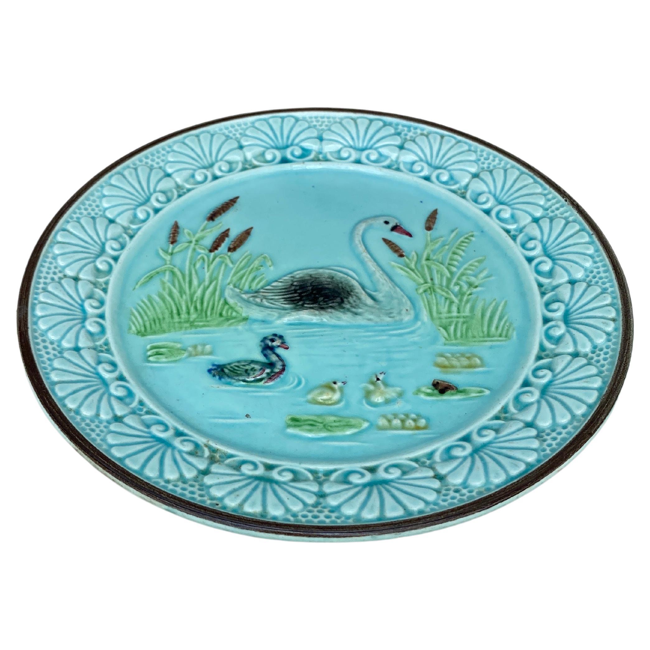 19th Century German Majolica Swan and cygnets Plate Circa 1900.