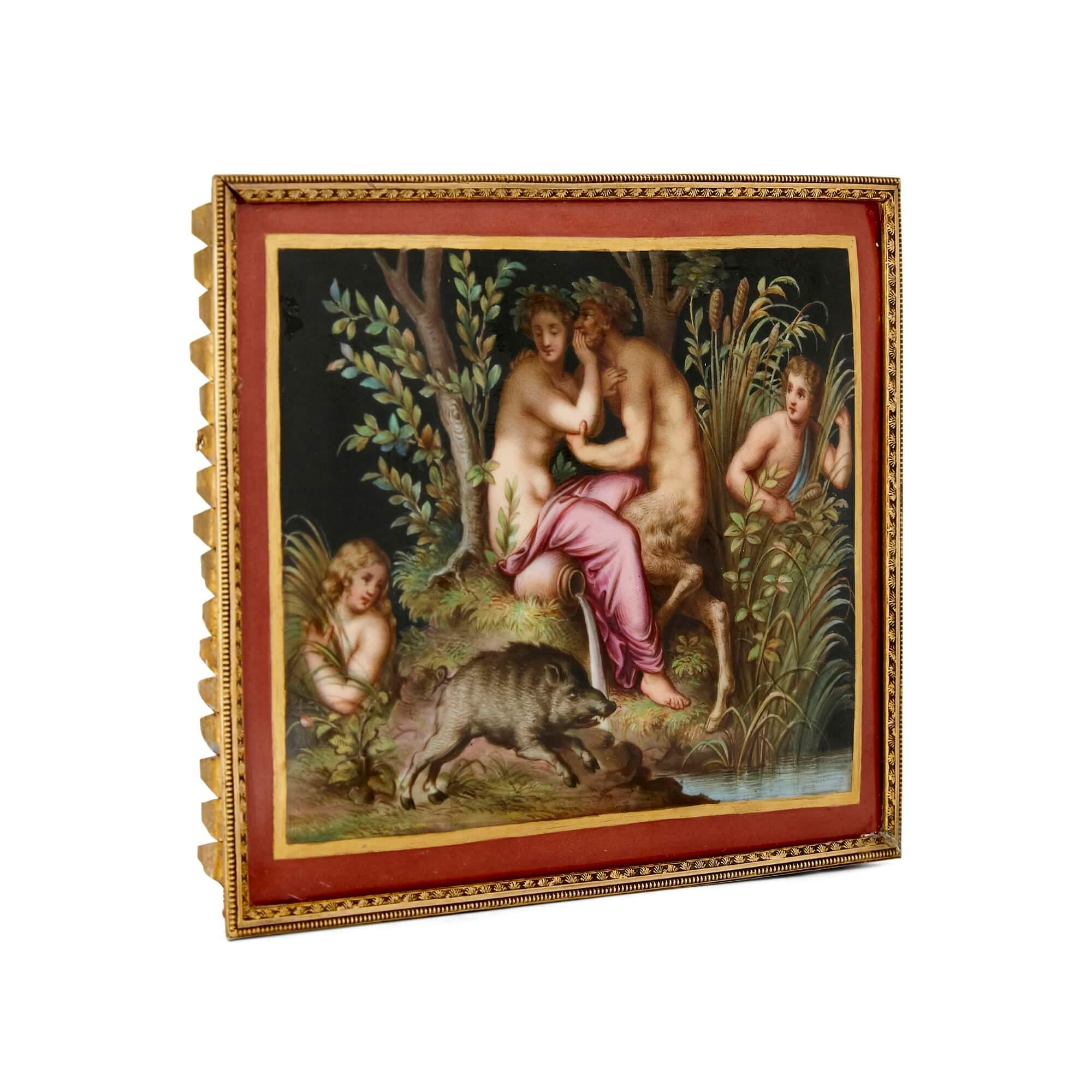 19th Century German Meissen painted porcelain plaque
German, 19th Century
Height 11cm, width 13.5cm, depth 1cm

This charming painted porcelain plaque depicts a nymph and a faun embracing in a setting by a lake. Surrounding them are foliage, two
