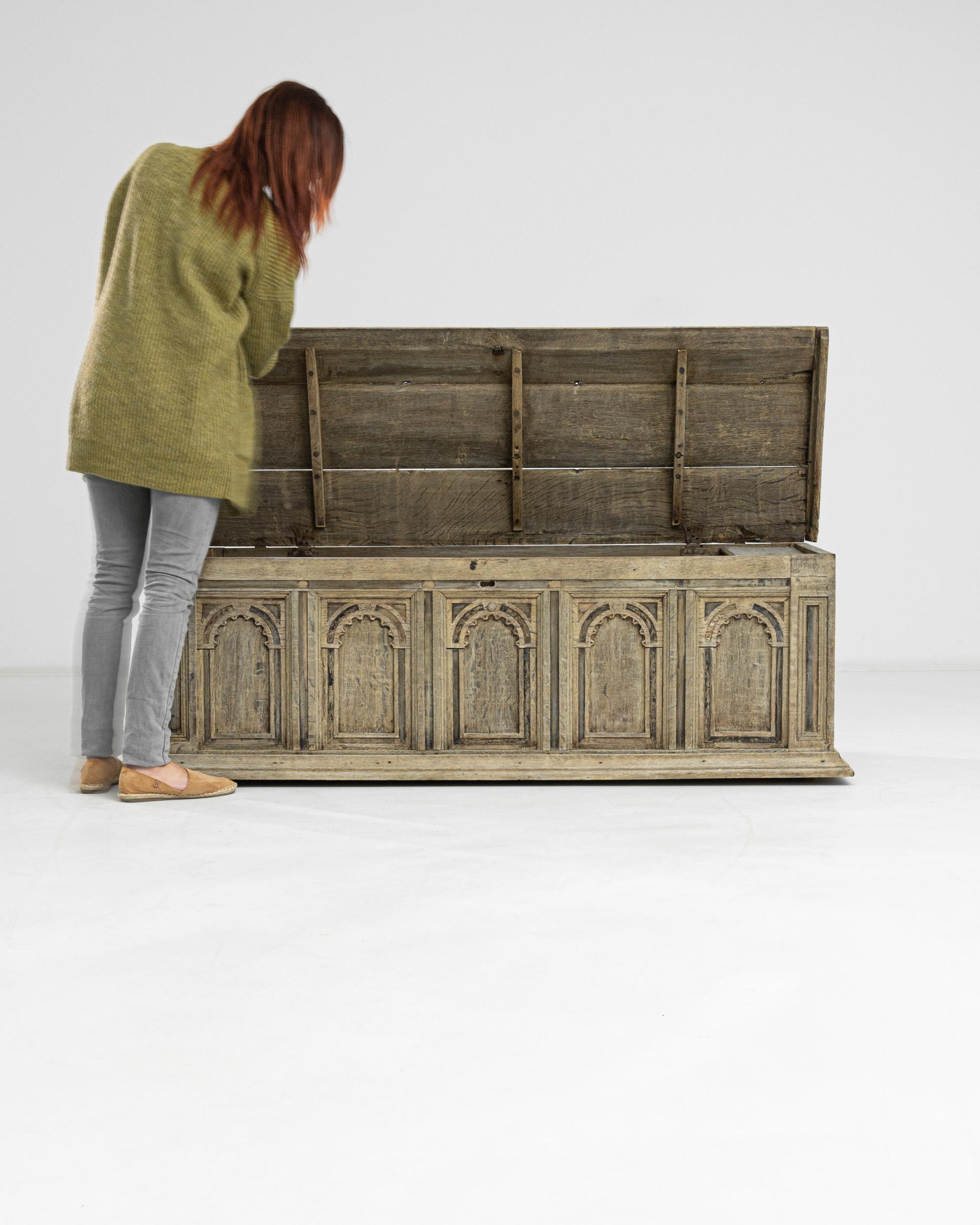 Ample and solid, this unique trunk was built out of oak in Germany circa 1800. The facade boasts five ornate panels hand-carved in the shape of classic arches, which are enlivened with ancient ornamental motifs. Original iron pulls on the sides