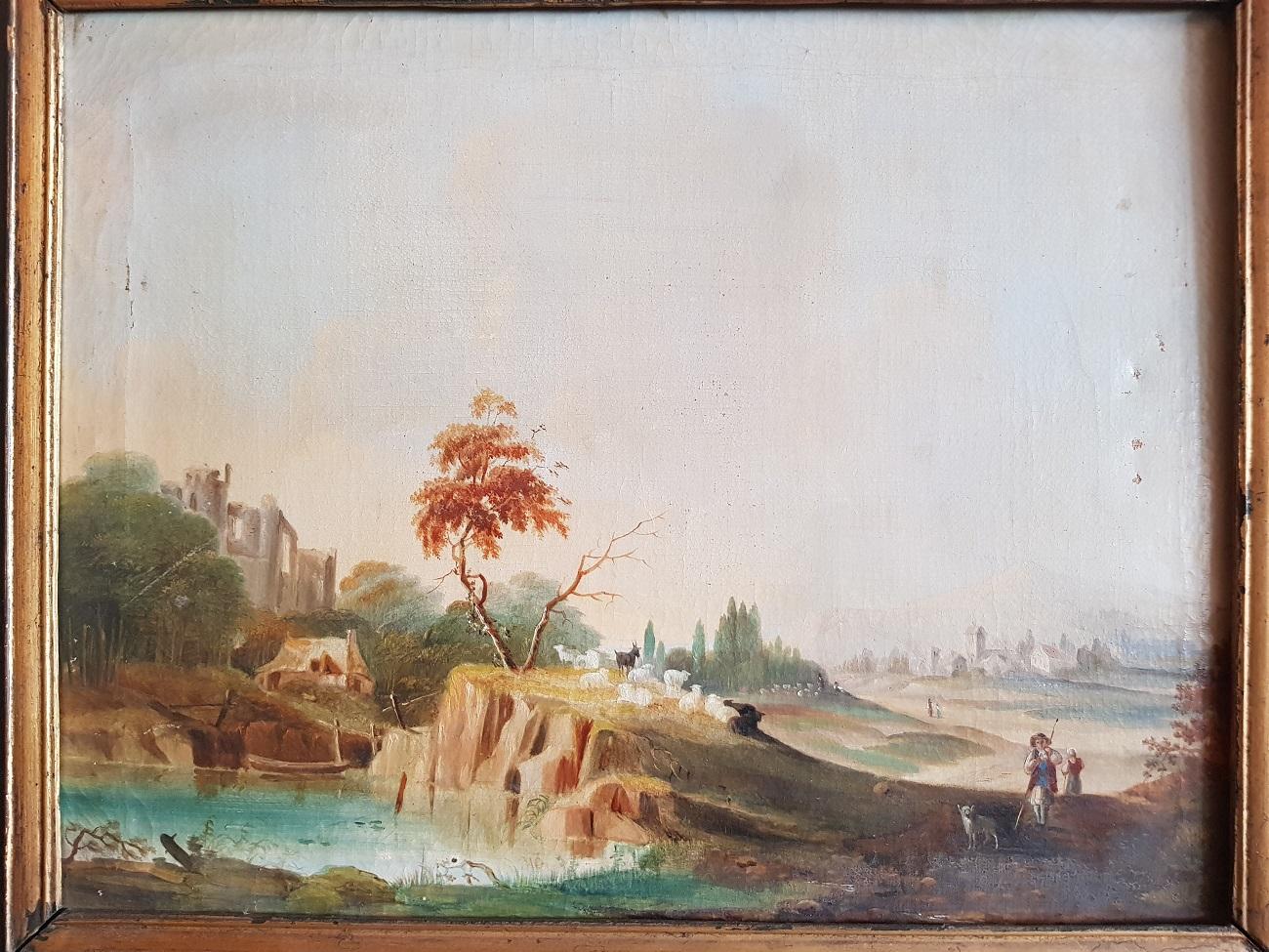 19th century German oil painting an panel by unknown artist, depicting a landscape with ruin, sheep shepherd and village in the background, has a slight loss of paint and crackle.

The measurements are incl. Frame,
Depth 4.5 cm/ 1.7 inch.
Width
