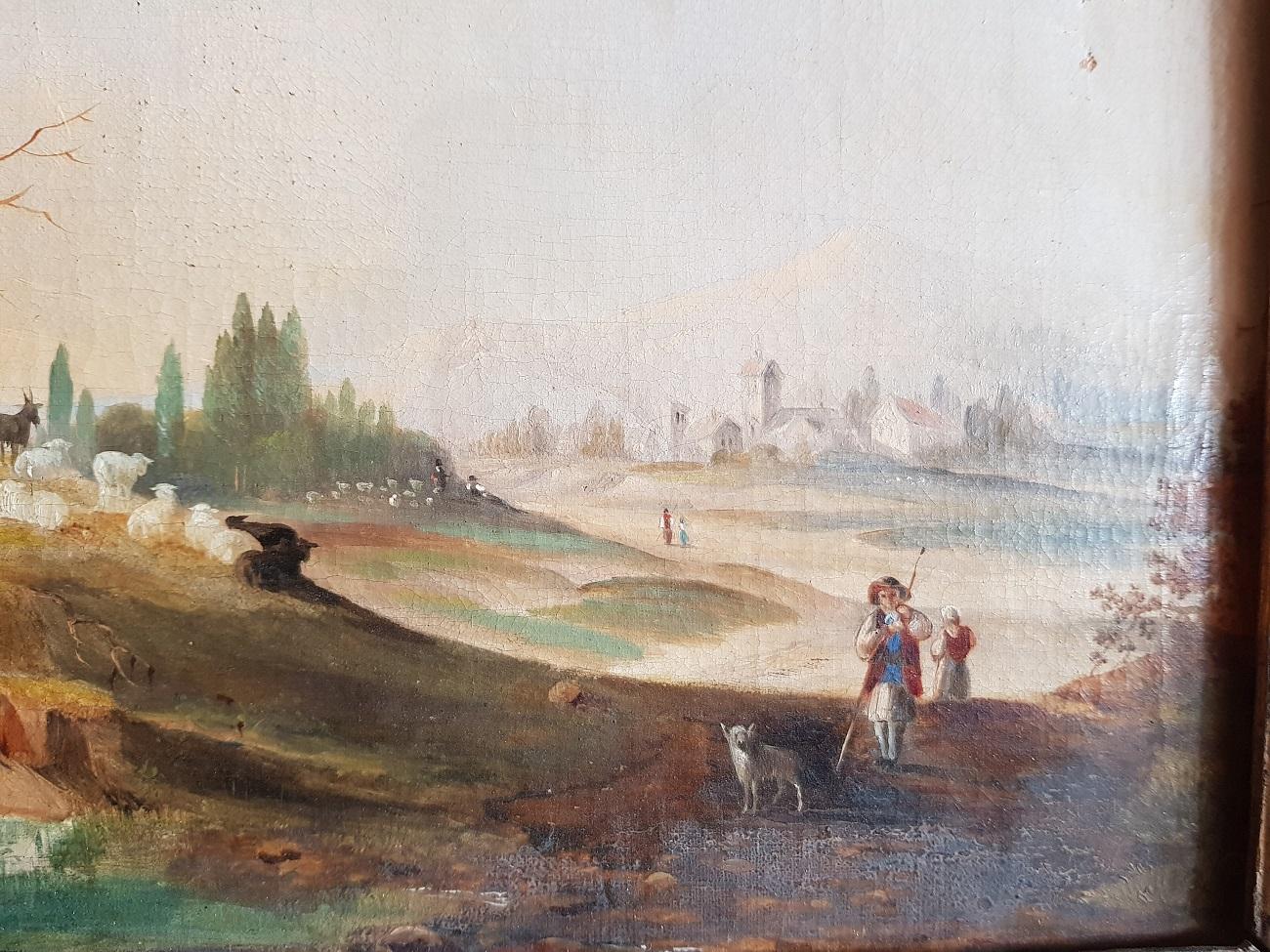 19th Century German Oil Painting by Unknown Artist Landscape with Sheep Shepherd In Good Condition For Sale In Raalte, NL